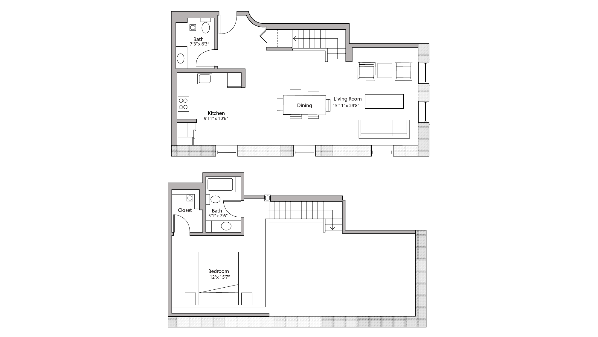 ULI Tobacco Lofts E202 - Two Bedroom, One and a Half Bathroom Floor Plan 