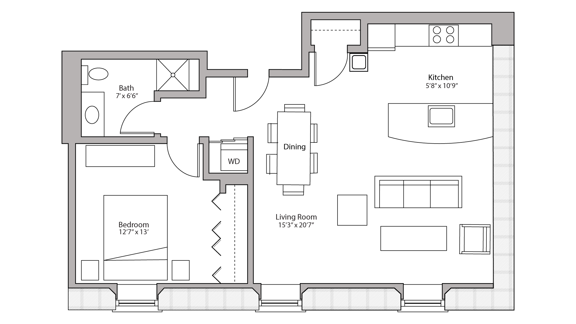 ULI Tobacco Lofts E208 - One Bedroom, One Bathroom Floor Plan 
