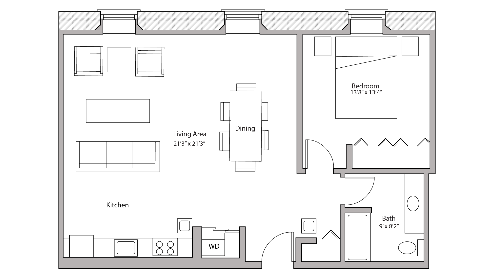 ULI Tobacco Lofts E211 - One Bedroom, One Bathroom Floor Plan 