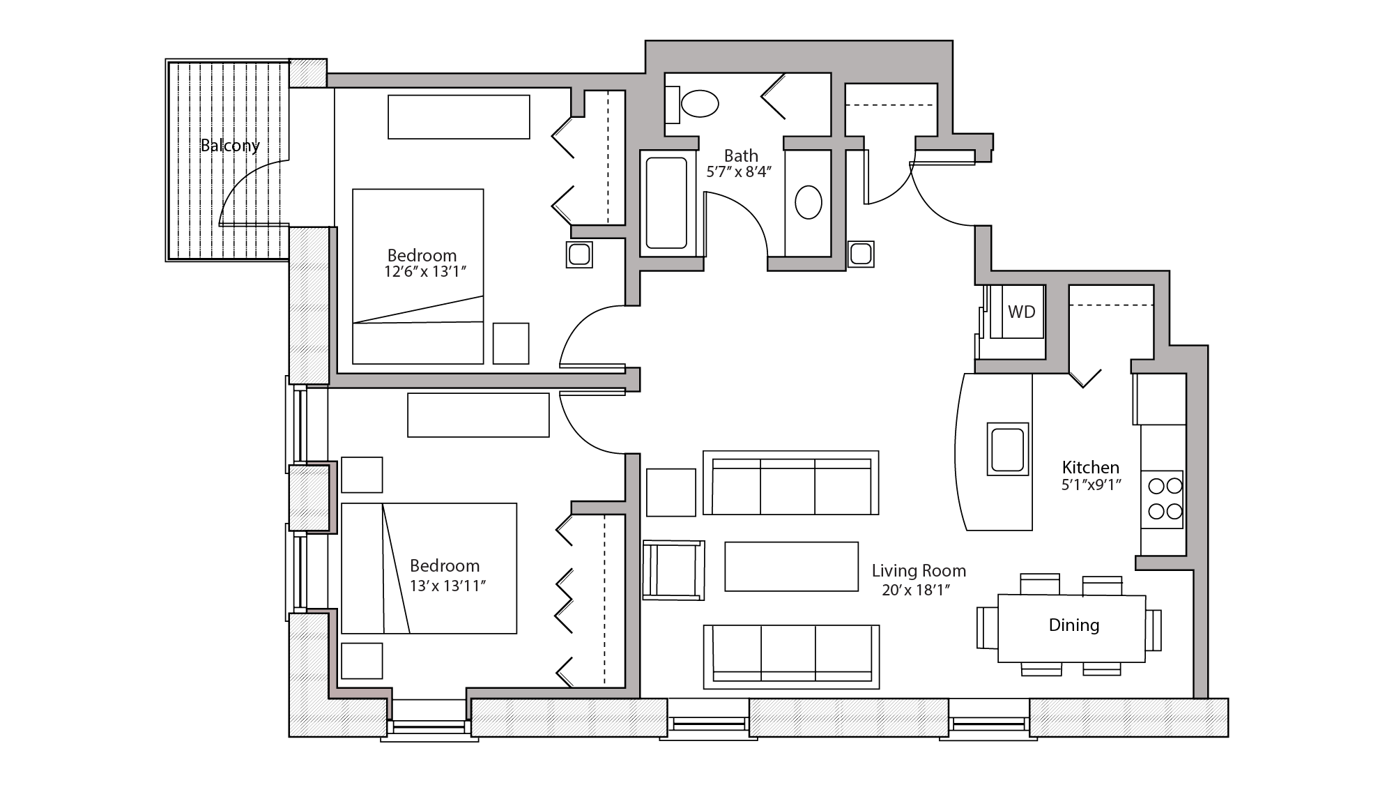 ULI Tobacco Lofts E212 - Two Bedroom, One Bathroom Floor Plan 