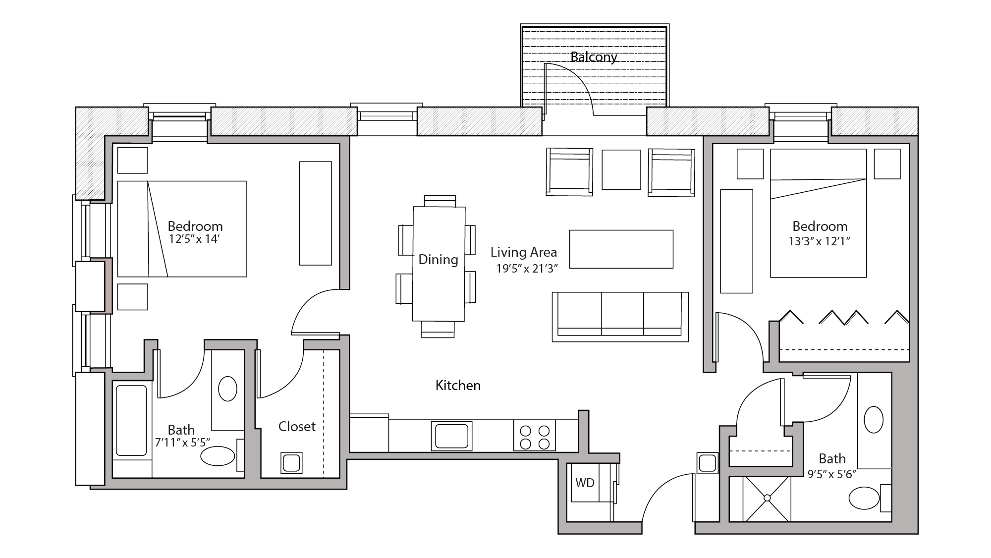 ULI Tobacco Lofts E213 - Two Bedroom, Two Bathroom Floor Plan 