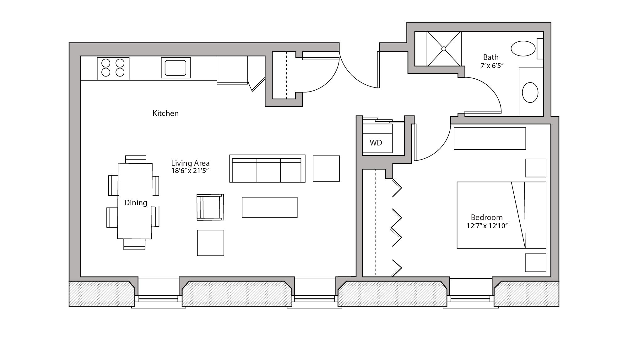 ULI Tobacco Lofts E310 - One Bedroom, One Bathroom Floor Plan 