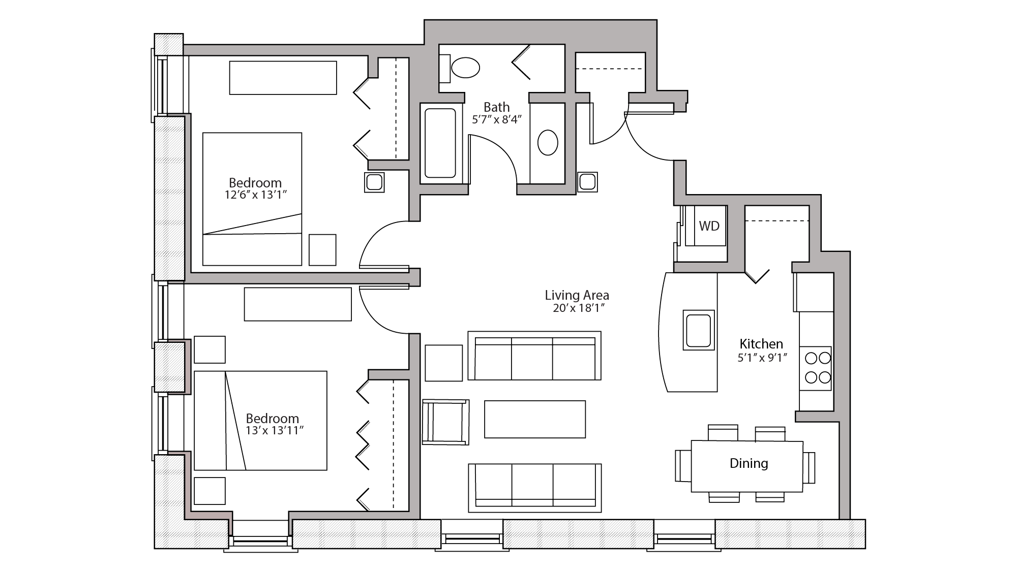 ULI Tobacco Lofts E312 - Two Bedroom, Two Bathroom Floor Plan 