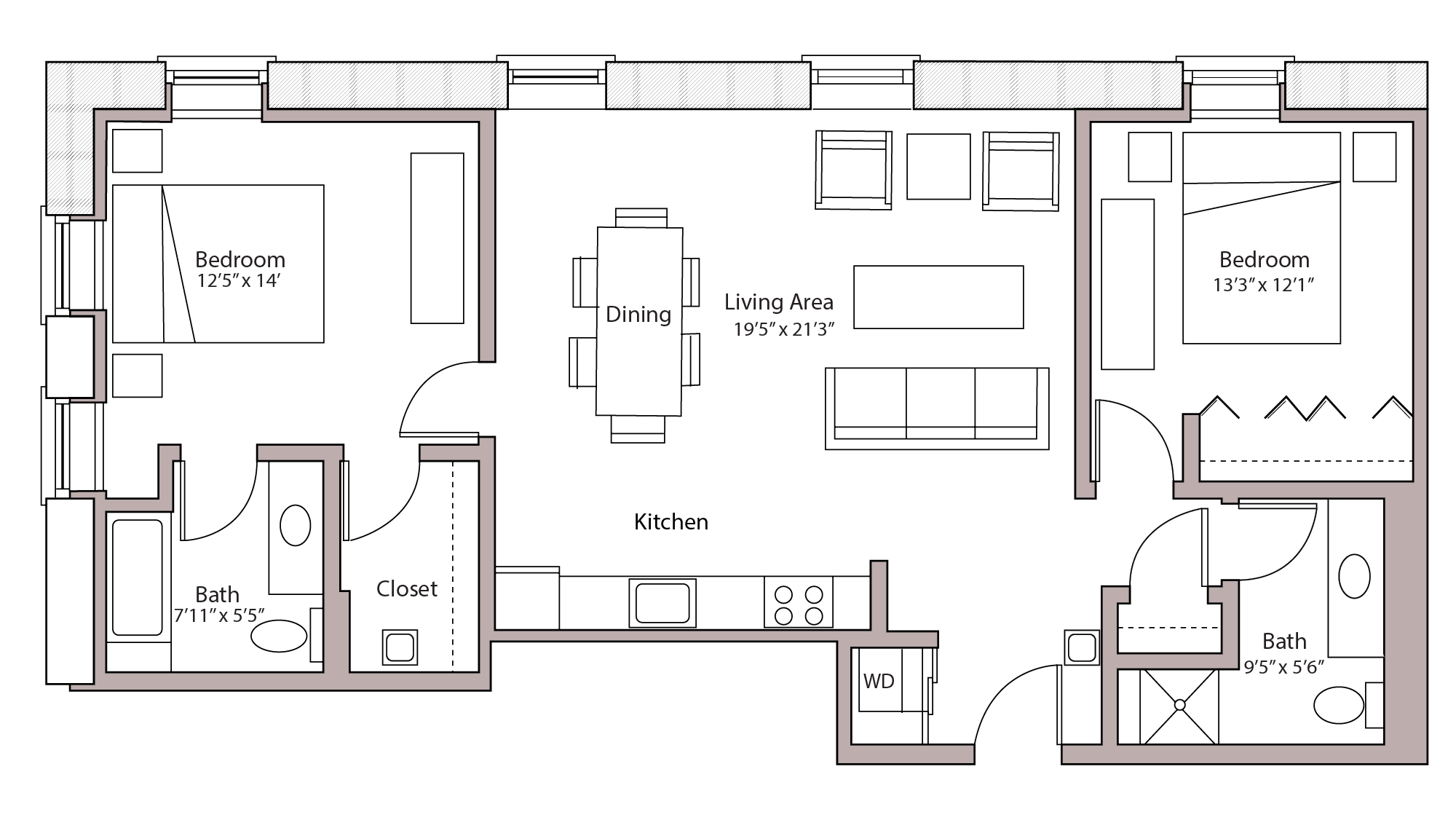 ULI Tobacco Lofts E313 - Two Bedroom, Two Bathroom Floor Plan 