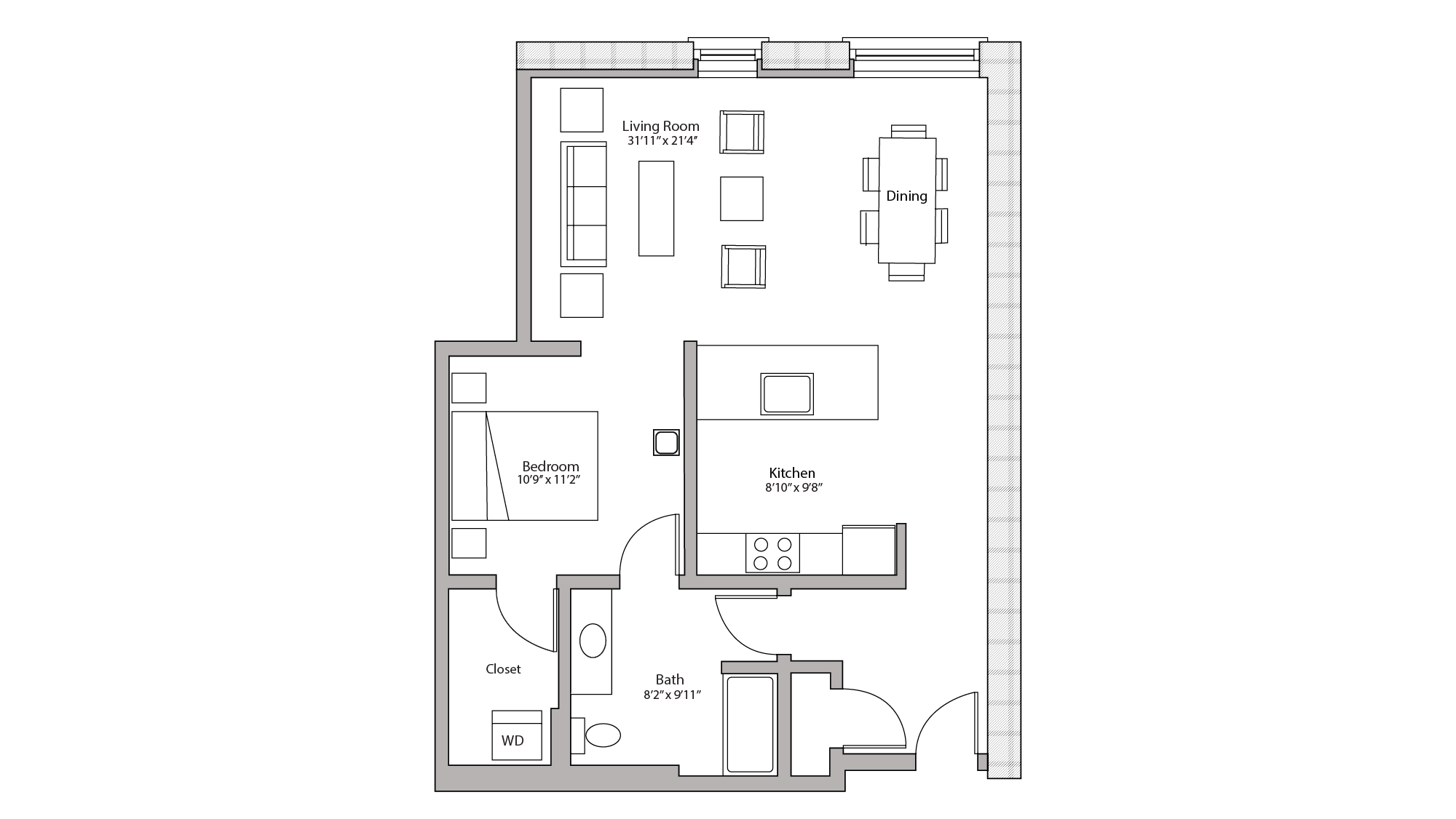 ULI Tobacco Lofts W205 - Studio, One Bathroom Floor Plan 