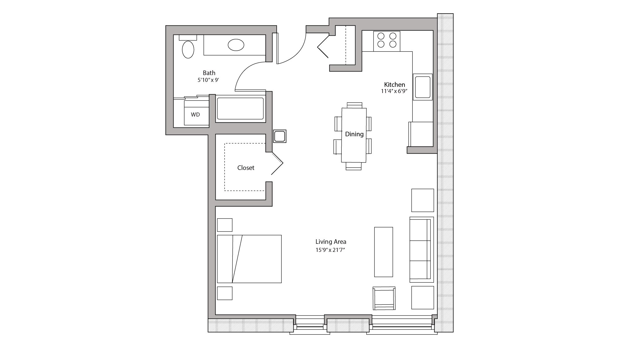 ULI Tobacco Lofts W206 - Studio, One Bathroom Floor Plan 