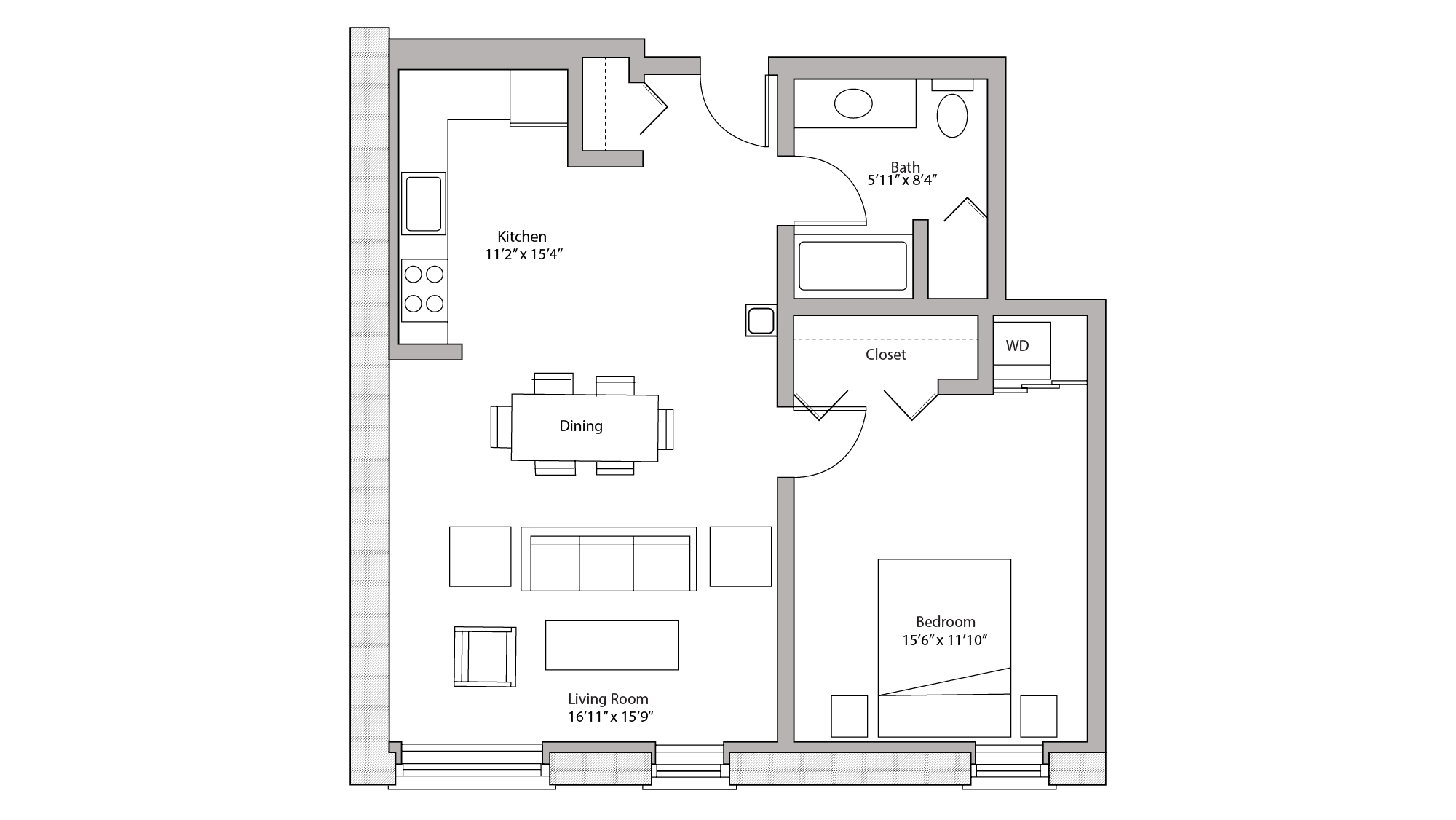ULI Tobacco Lofts W208 - One Bedroom, One Bathroom Floor Plan 