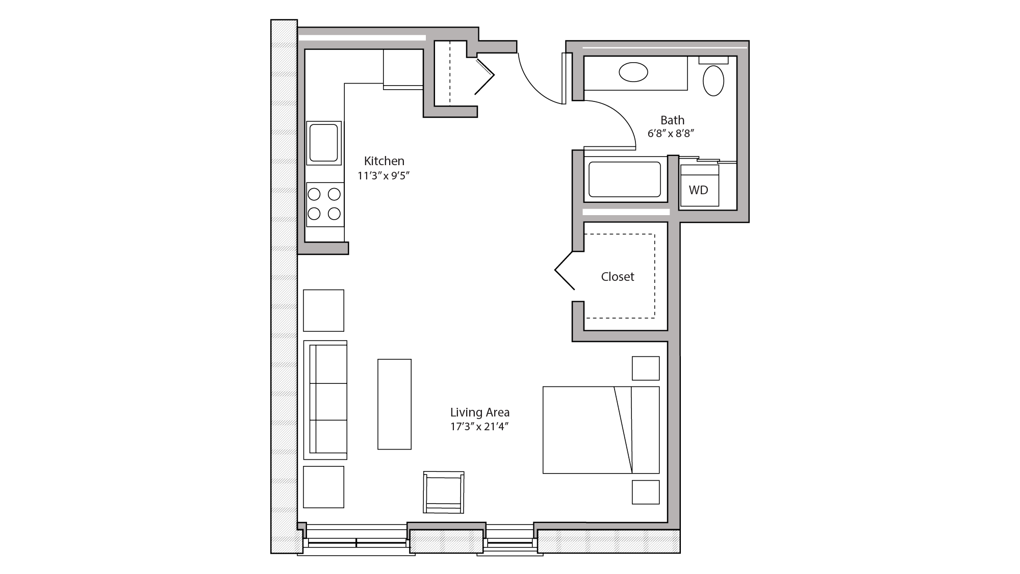 ULI Tobacco Lofts W212 - Studio, One Bathroom Floor Plan 