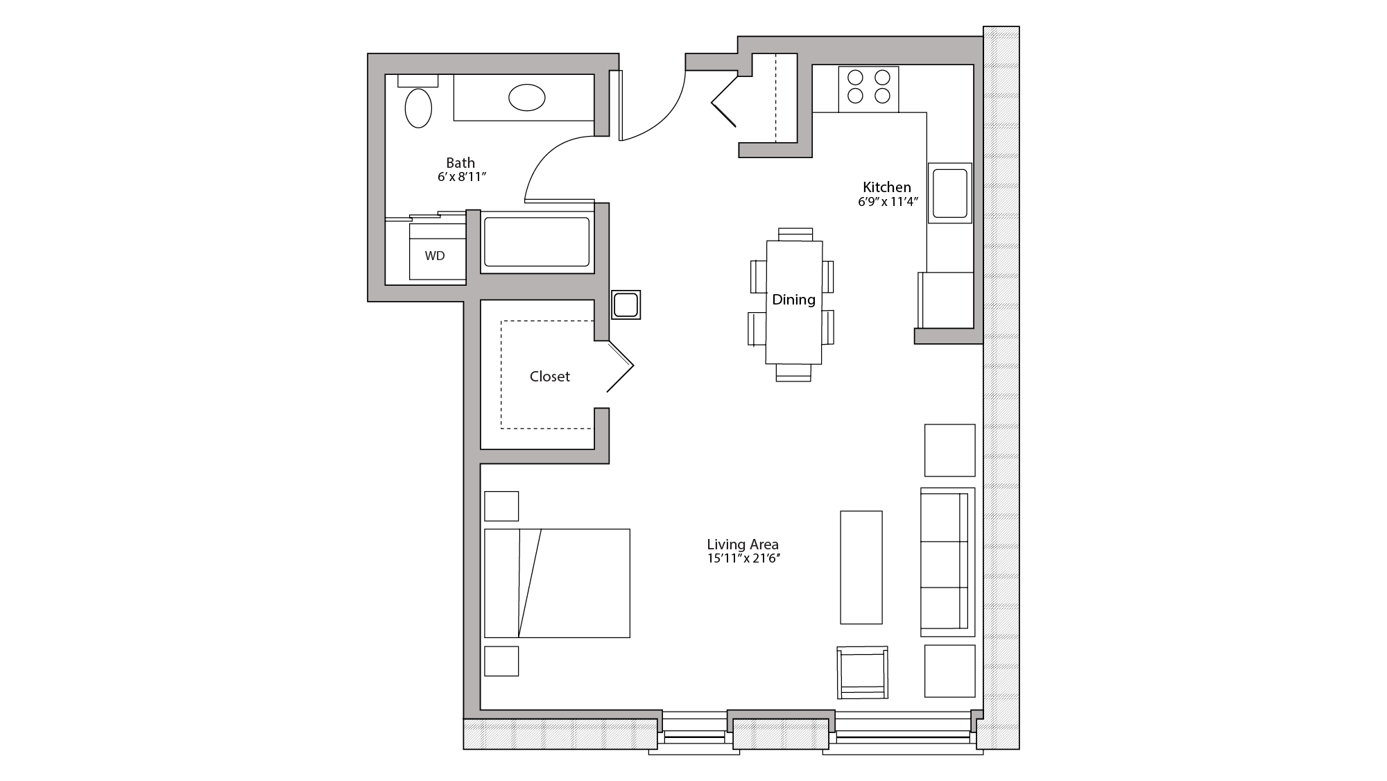 ULI Tobacco Lofts W214 - Studio, One Bathroom Floor Plan 