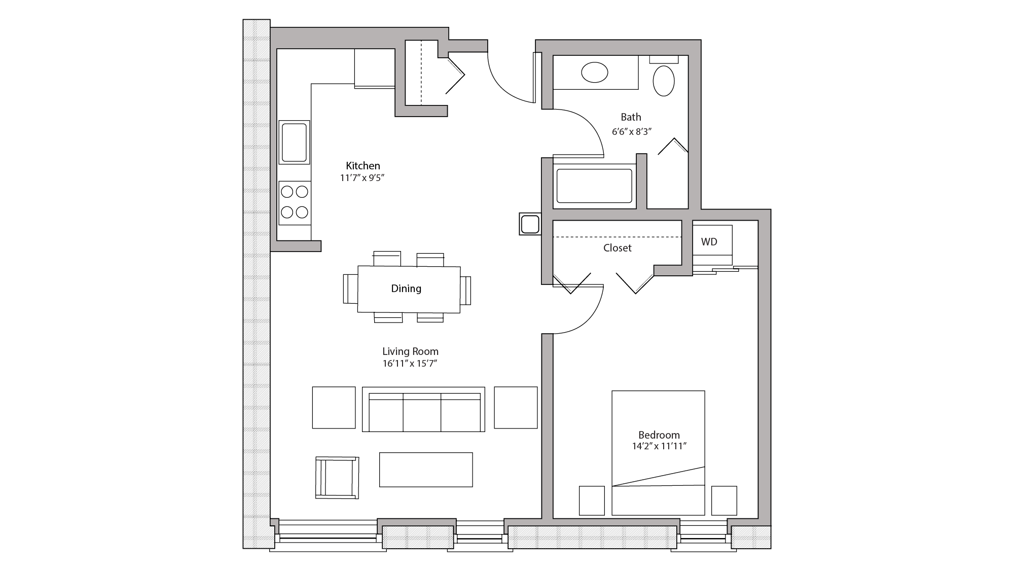 ULI Tobacco Lofts W216 - One Bedroom, One Bathroom Floor Plan 