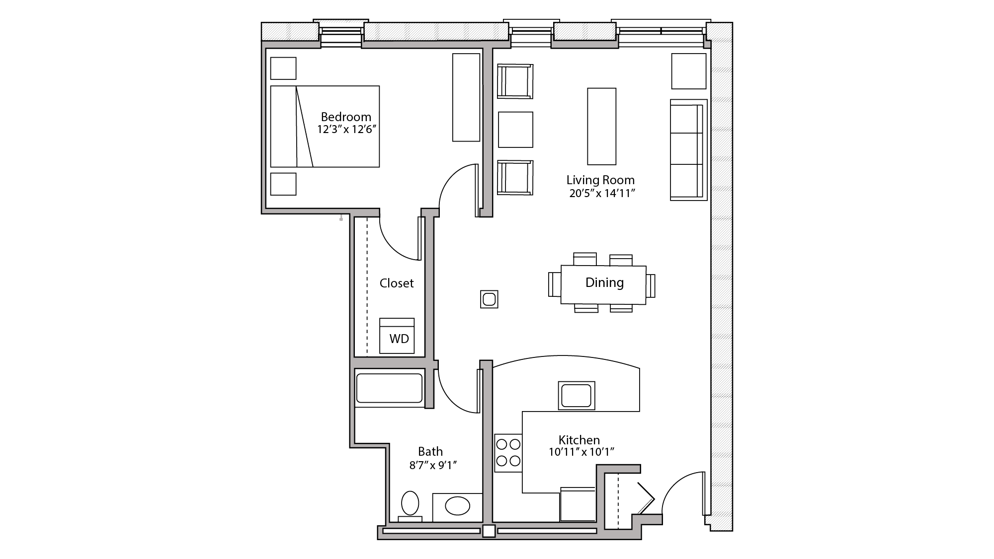 ULI Tobacco Lofts W217 - One Bedroom, One Bathroom Floor Plan 