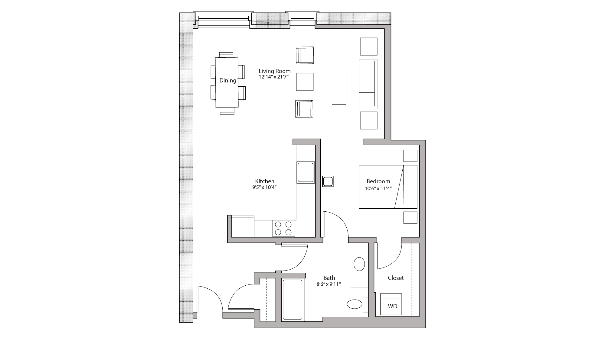 ULI Tobacco Lofts W219 - One Bedroom, One Bathroom Floor Plan 