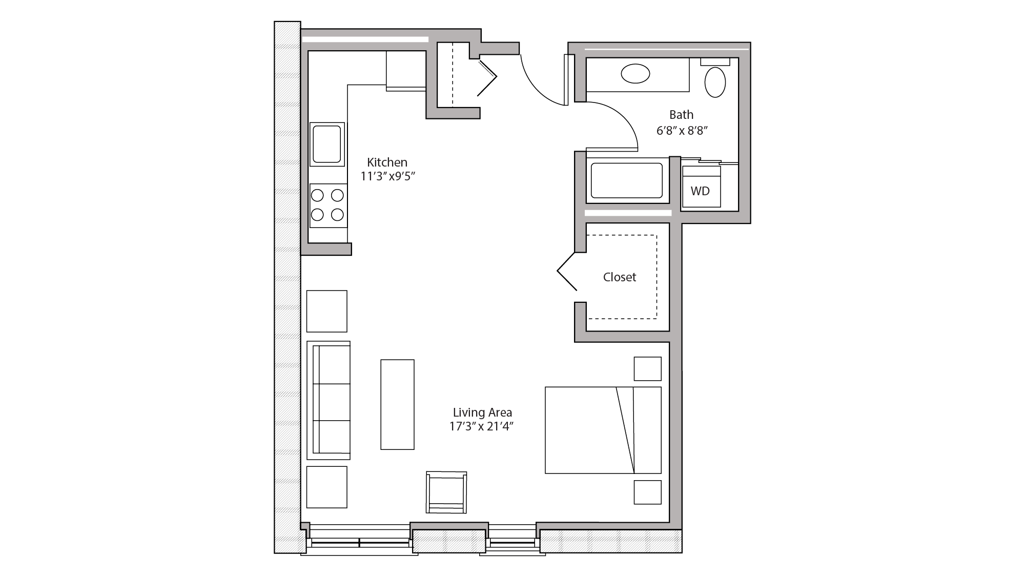 ULI Tobacco Lofts W220 - Studio, One Bathroom Floor Plan 