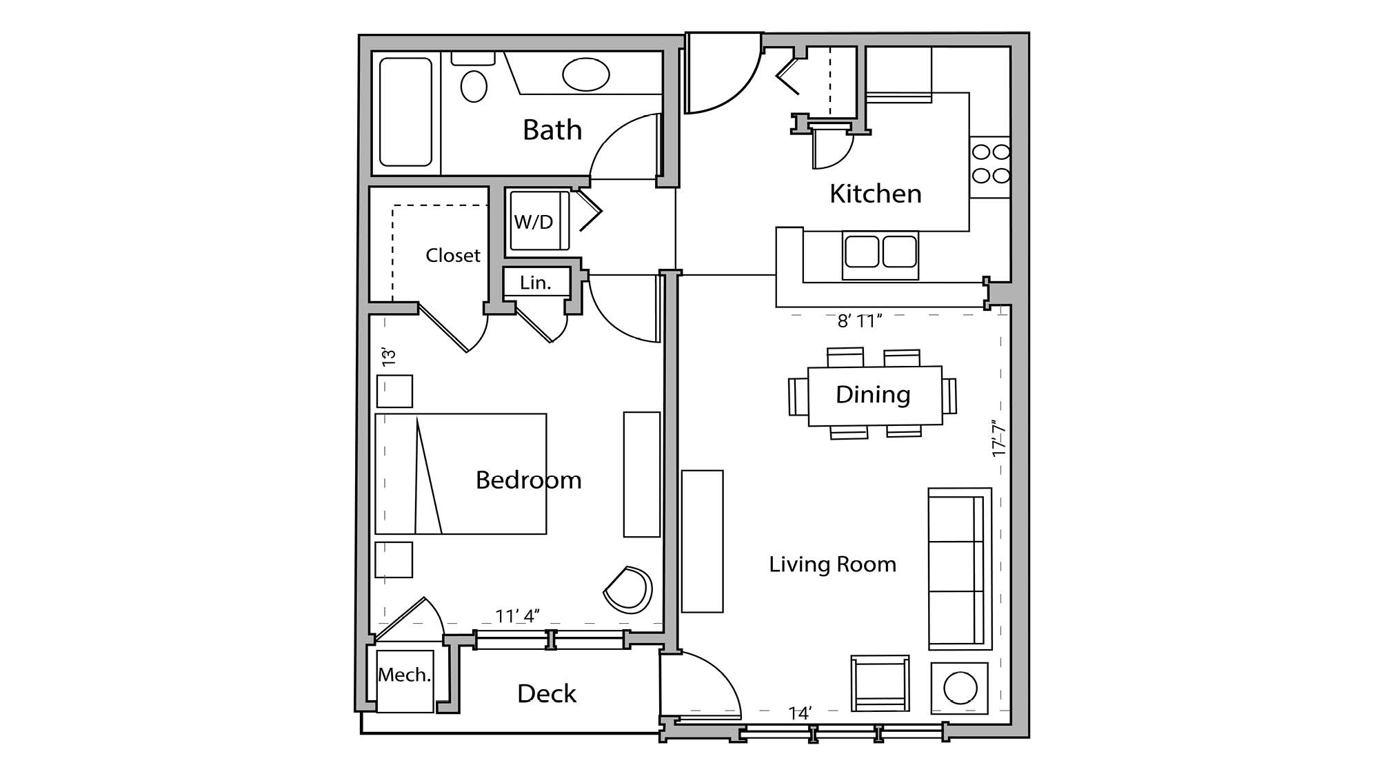 ULI Wilson Bay 105 - One Bedroom, One Bathroom Floor Plan 