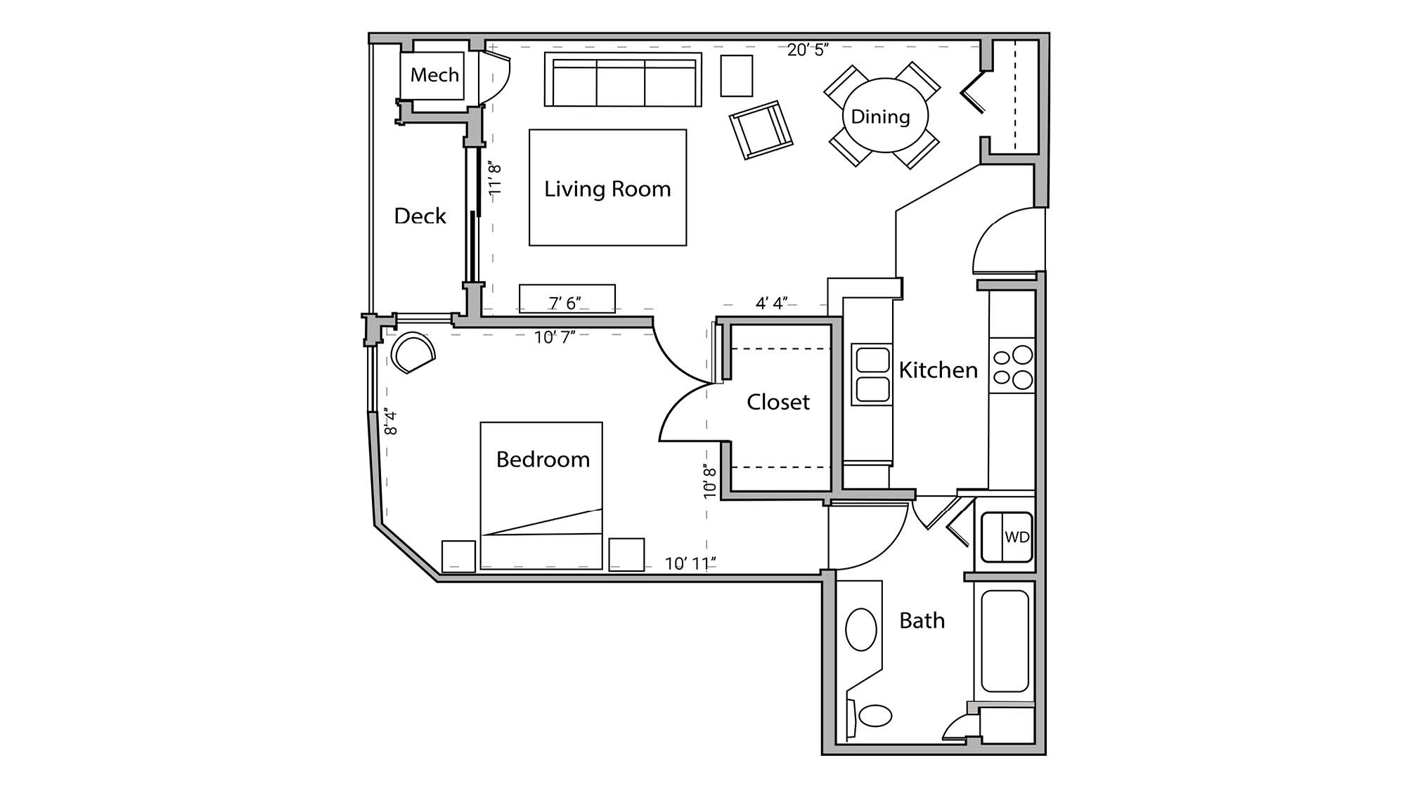 ULI Wilson Bay 103 - One Bedroom, One Bathroom Floor Plan 