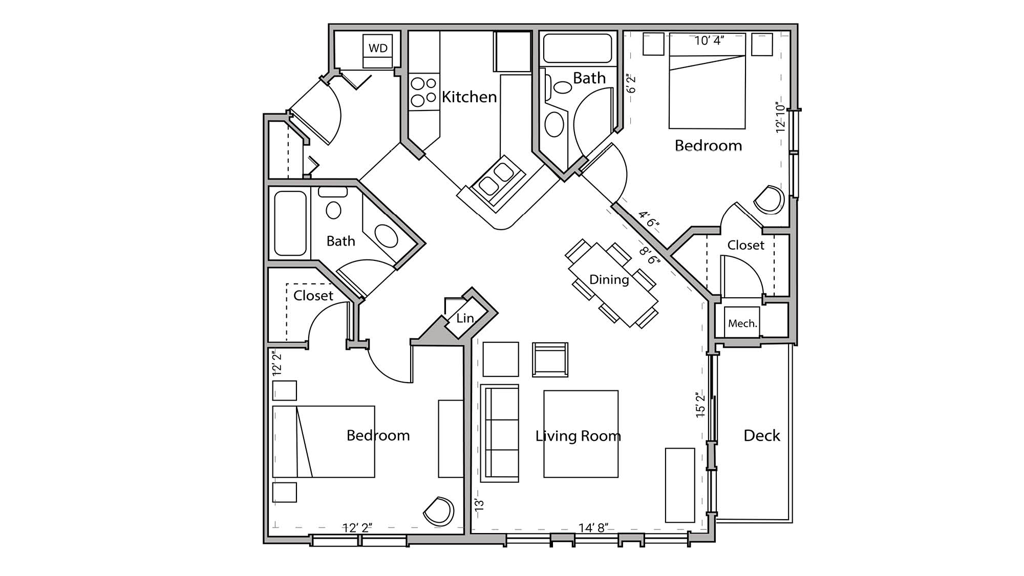 ULI Wilson Bay 106 - Two Bedroom, Two Bathroom Floor Plan 
