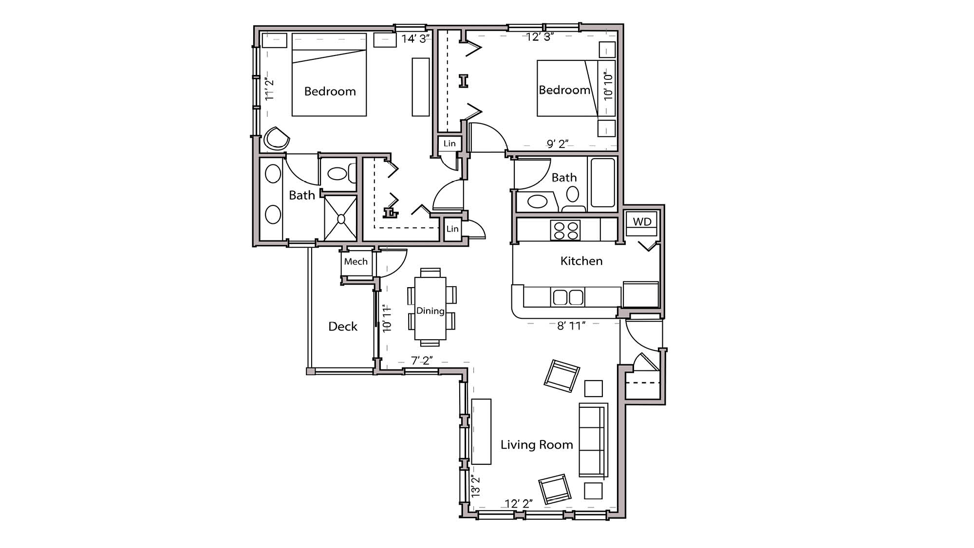 ULI Wilson Bay 212 - Two Bedroom, Two Bathroom Floor Plan 