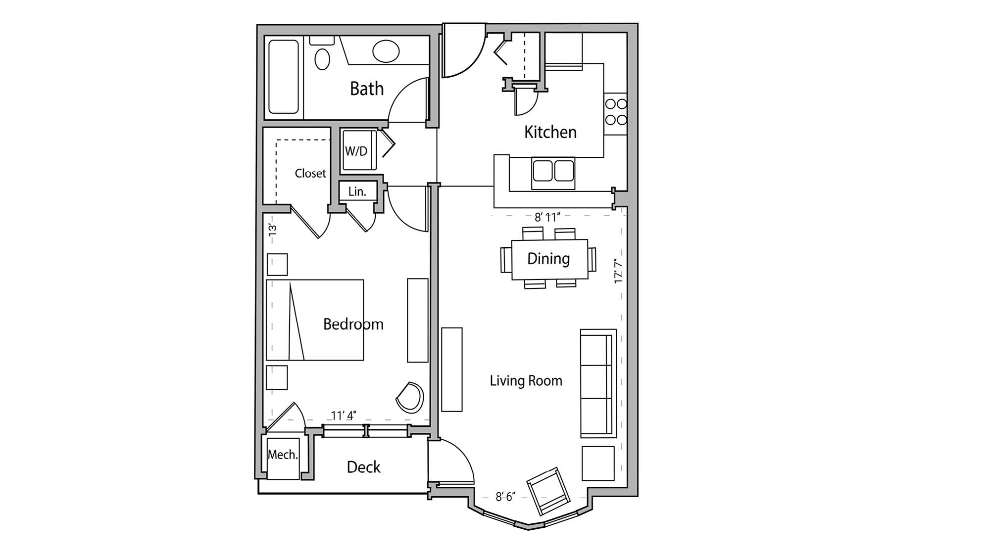 ULI Wilson Bay 308 - One Bedroom, One Bathroom Floor Plan 