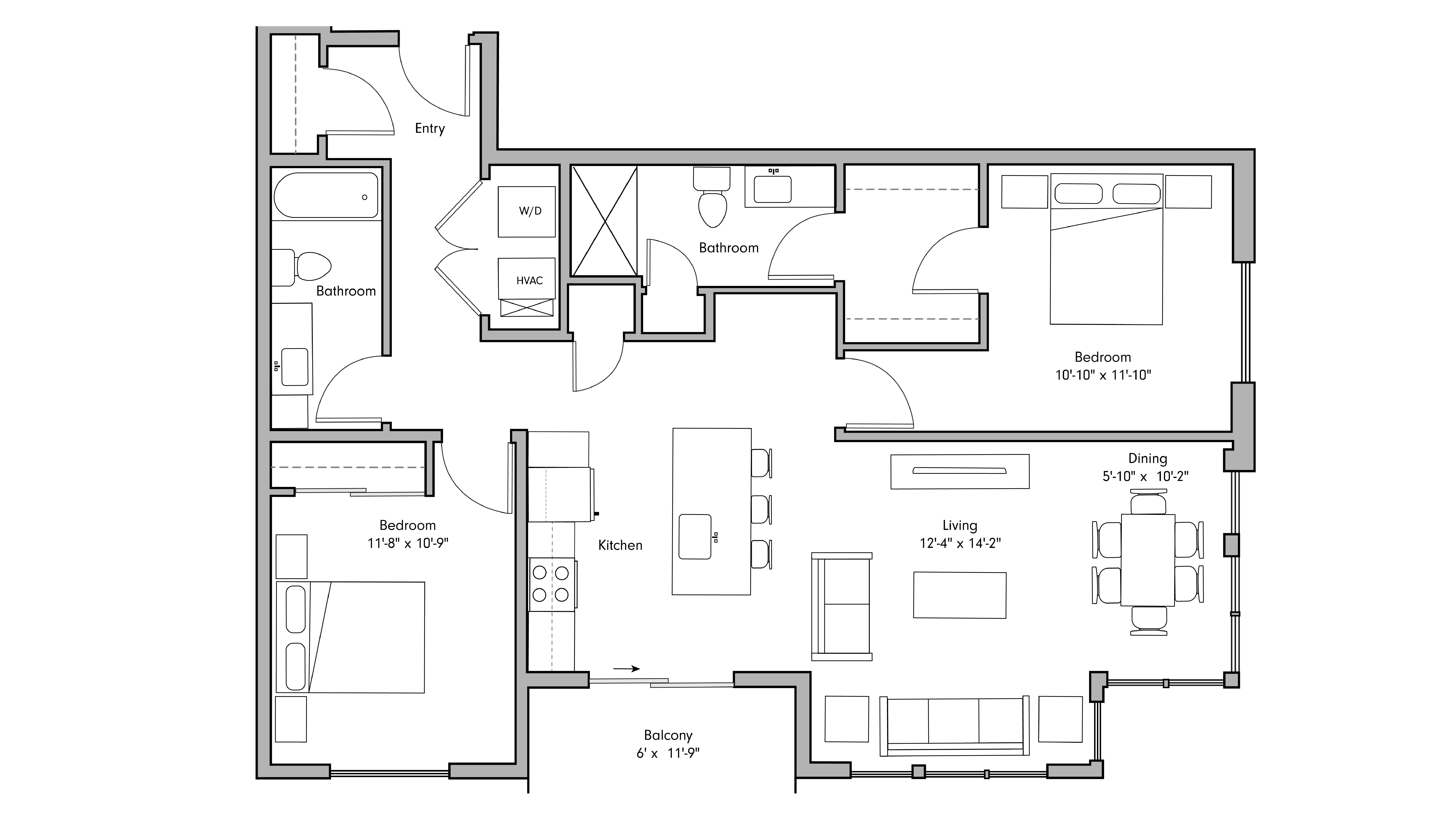 ULI The Penny 413 - 2 Bed, 2 Bath Floor Plan