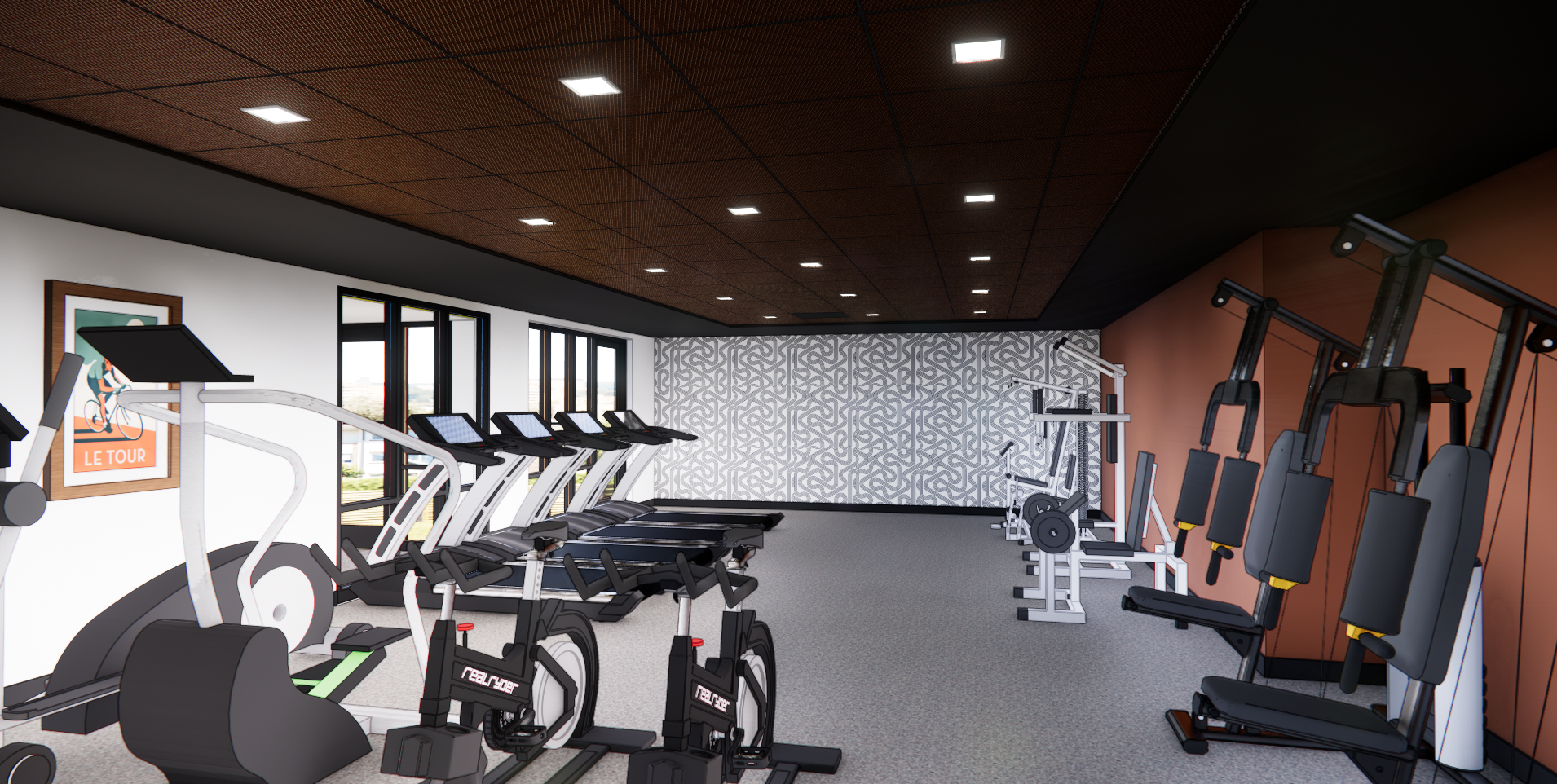 Fitness center at The Penny Apartments Madison WI with modern equipment and open layout