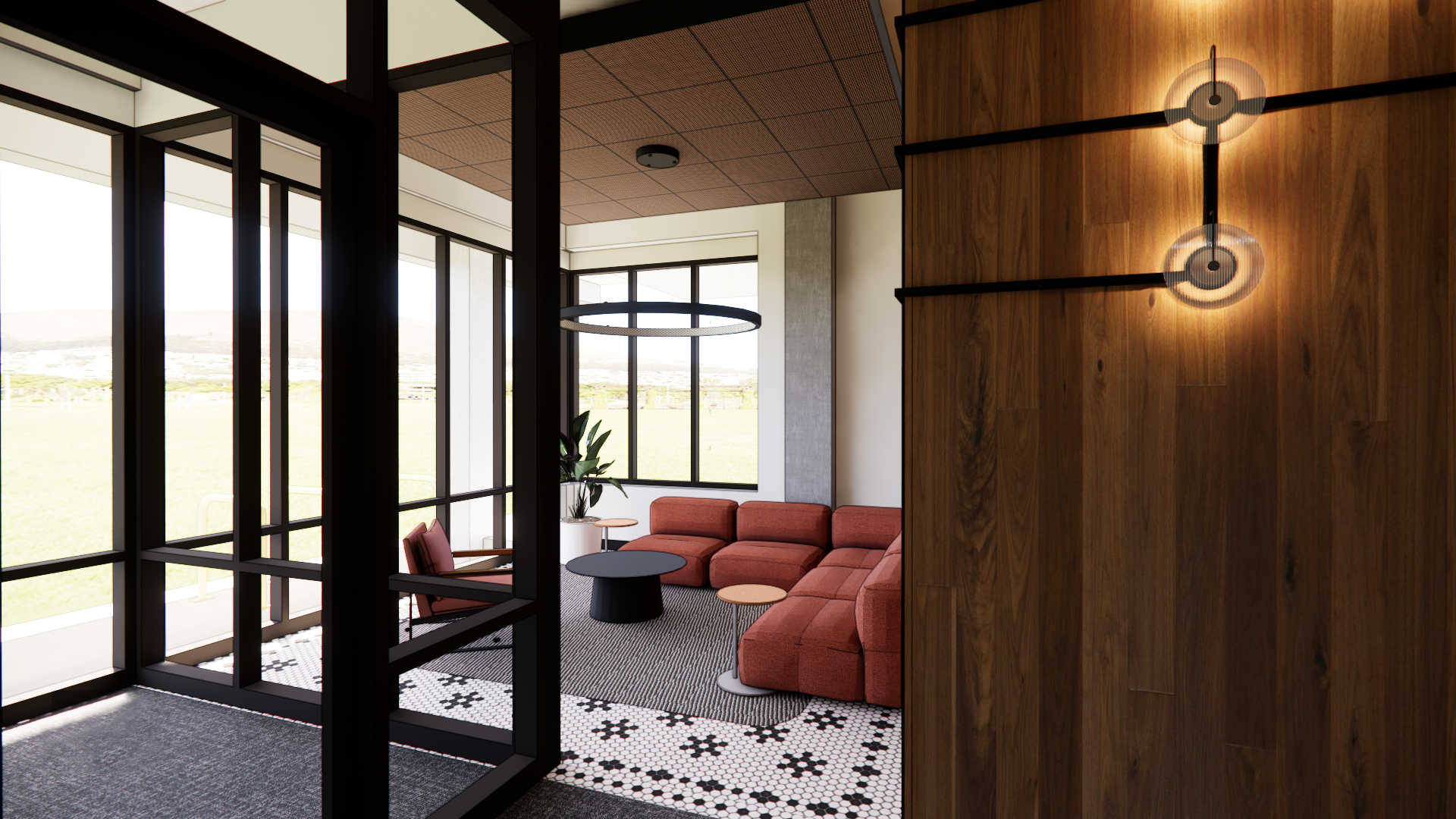 Modern lobby at The Penny Apartments in Madison WI with contemporary seating and refined finishes
