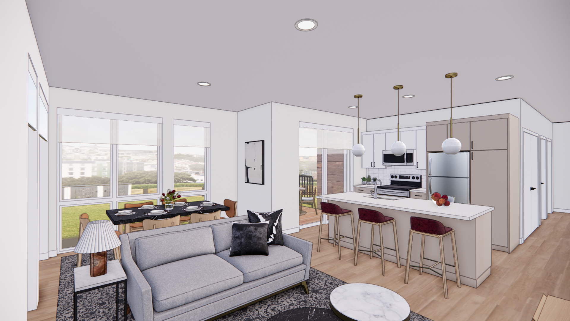 One bedroom apartment at The Penny in downtown Madison featuring modern finishes and natural light