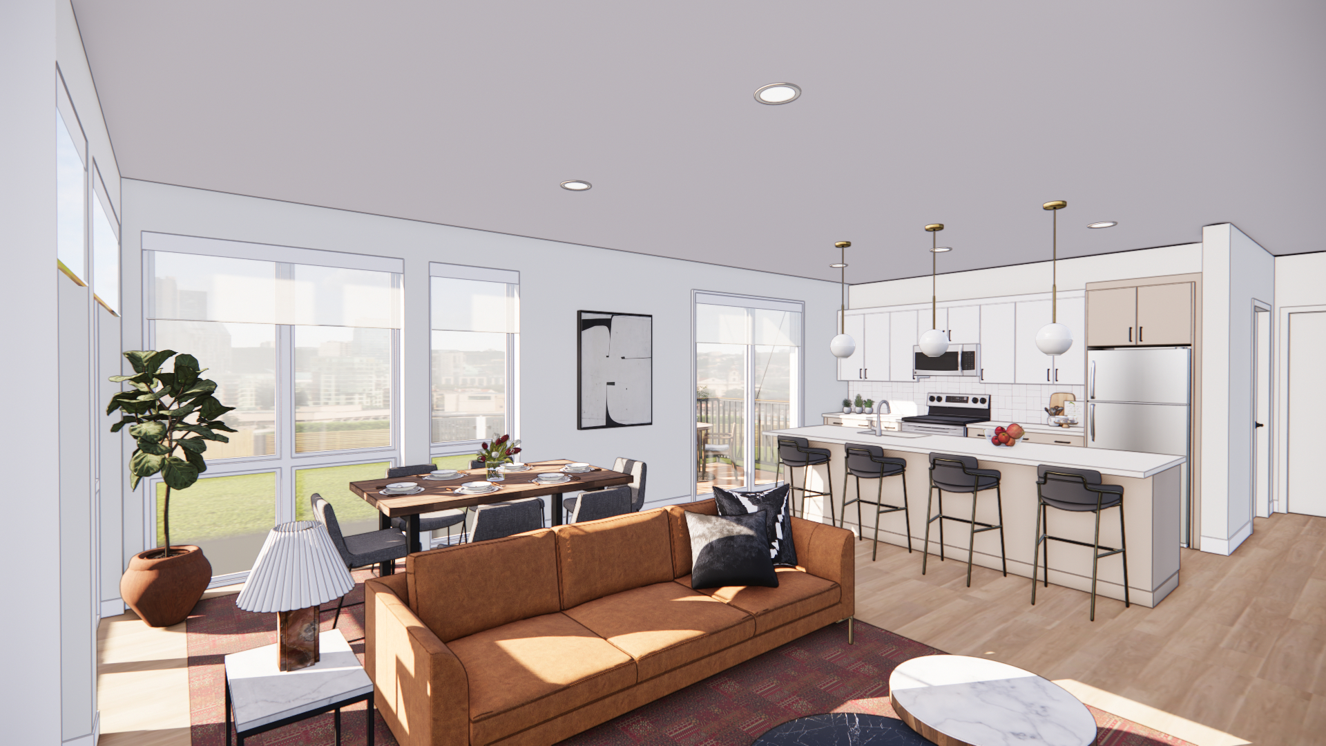 Modern two bedroom corner apartment at The Penny Apartments in downtown Madison with expansive windows