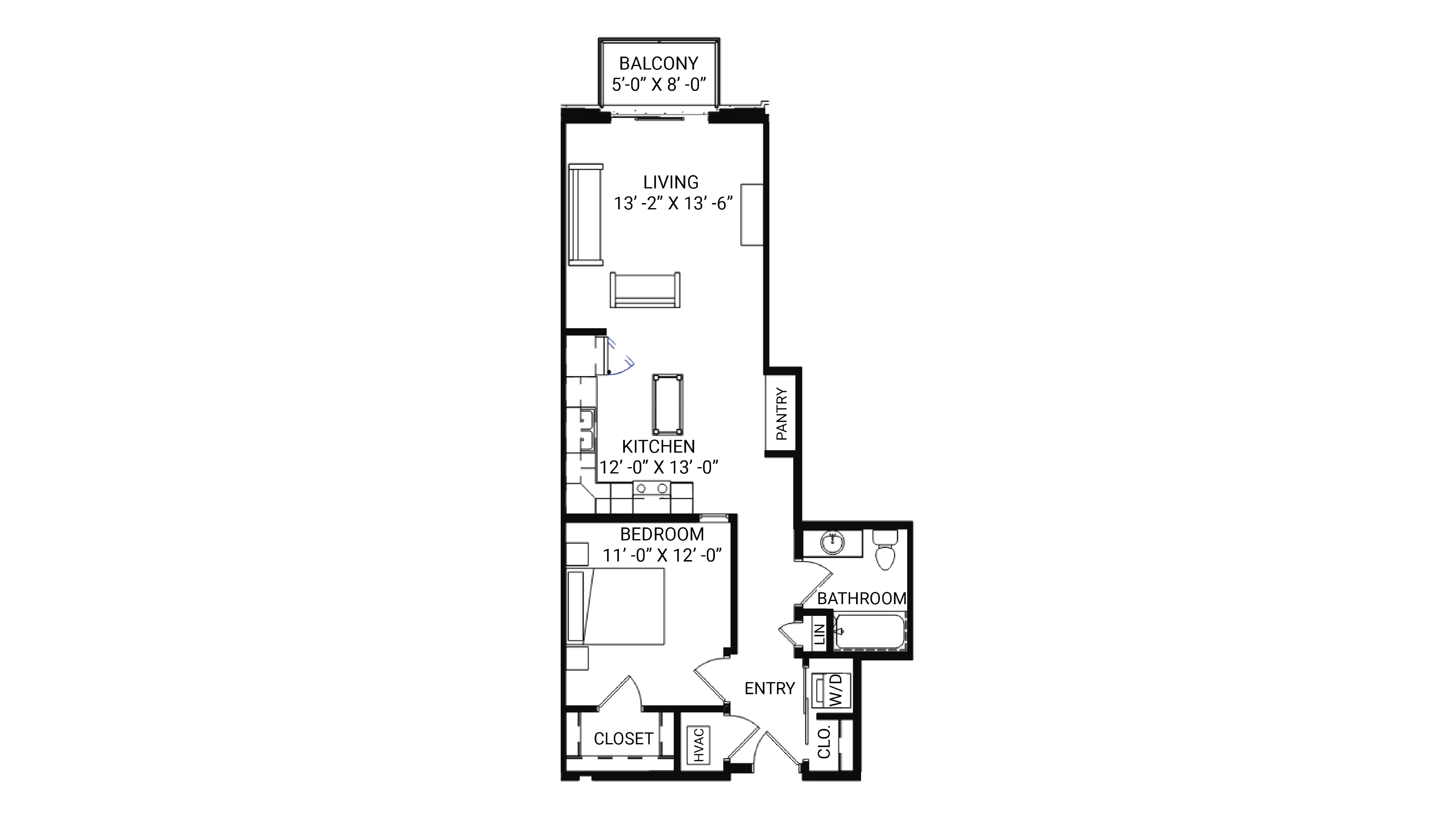 ULI The Irwin N216 - 1 Bed, 1 Bath Floor Plan