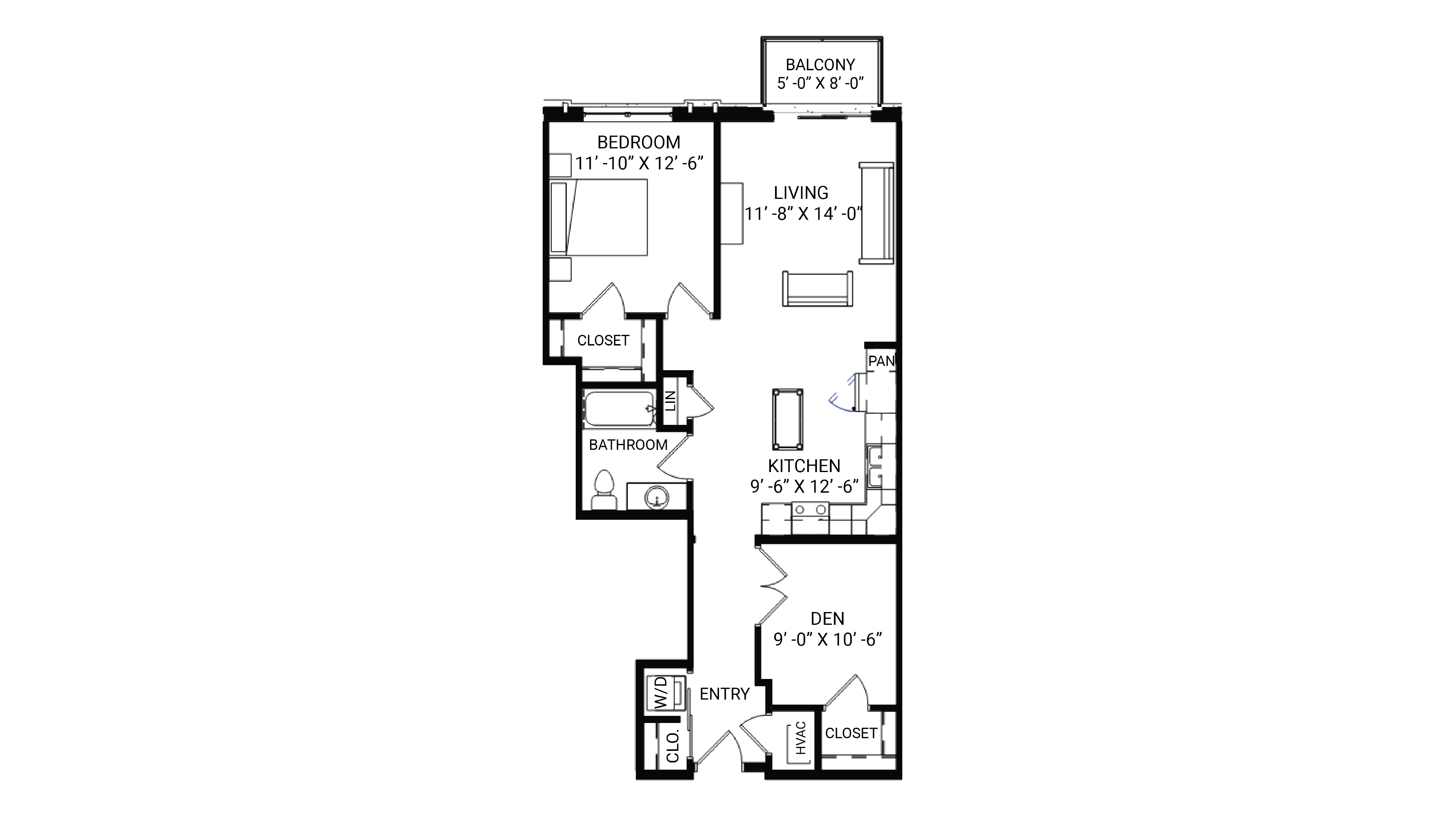 ULI The Irwin N218 - 1 Bed Den, 1 Bath Floor Plan