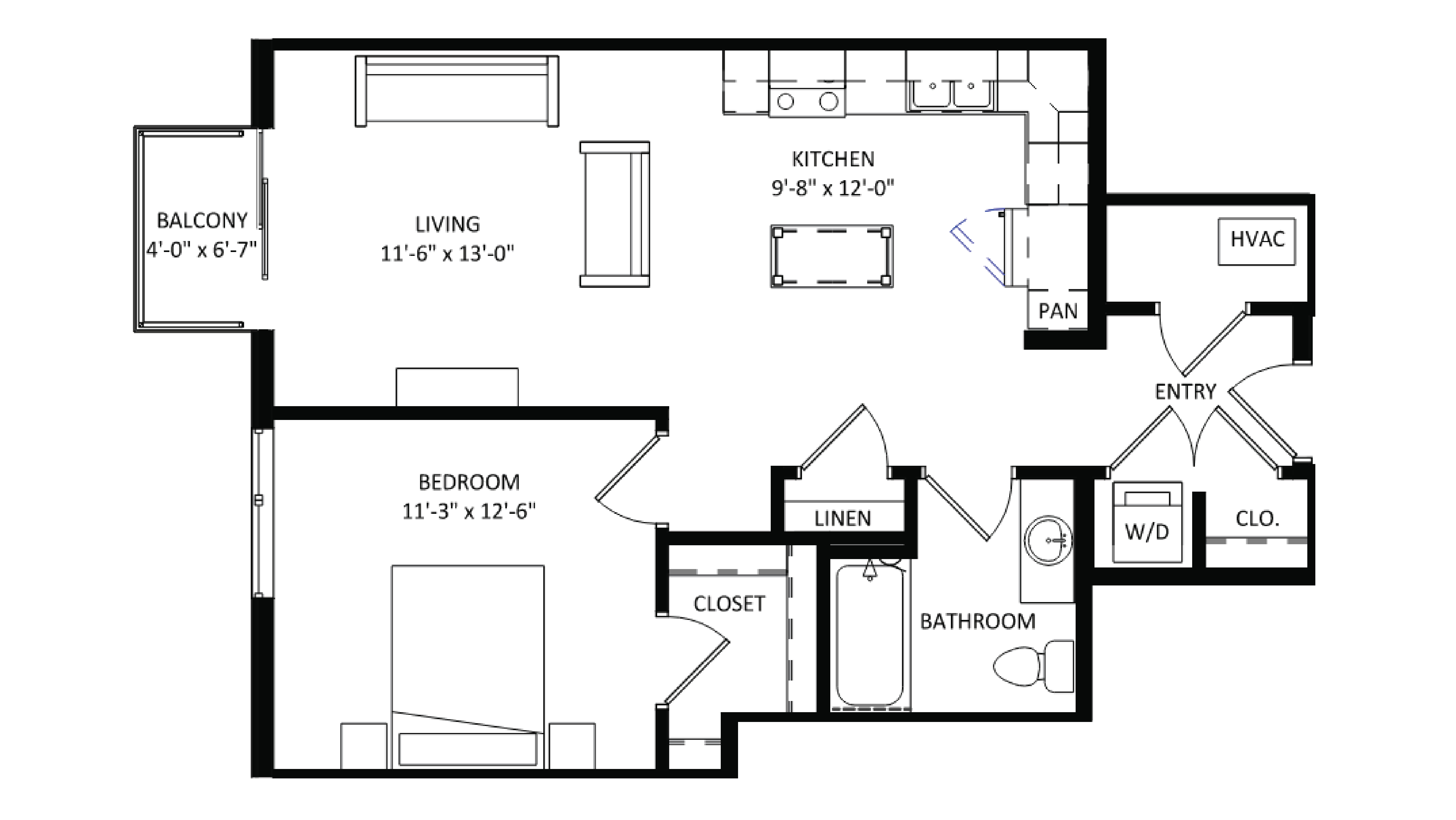 ULI The Irwin N334 - 1 Bed, 1 Bath Floor Plan