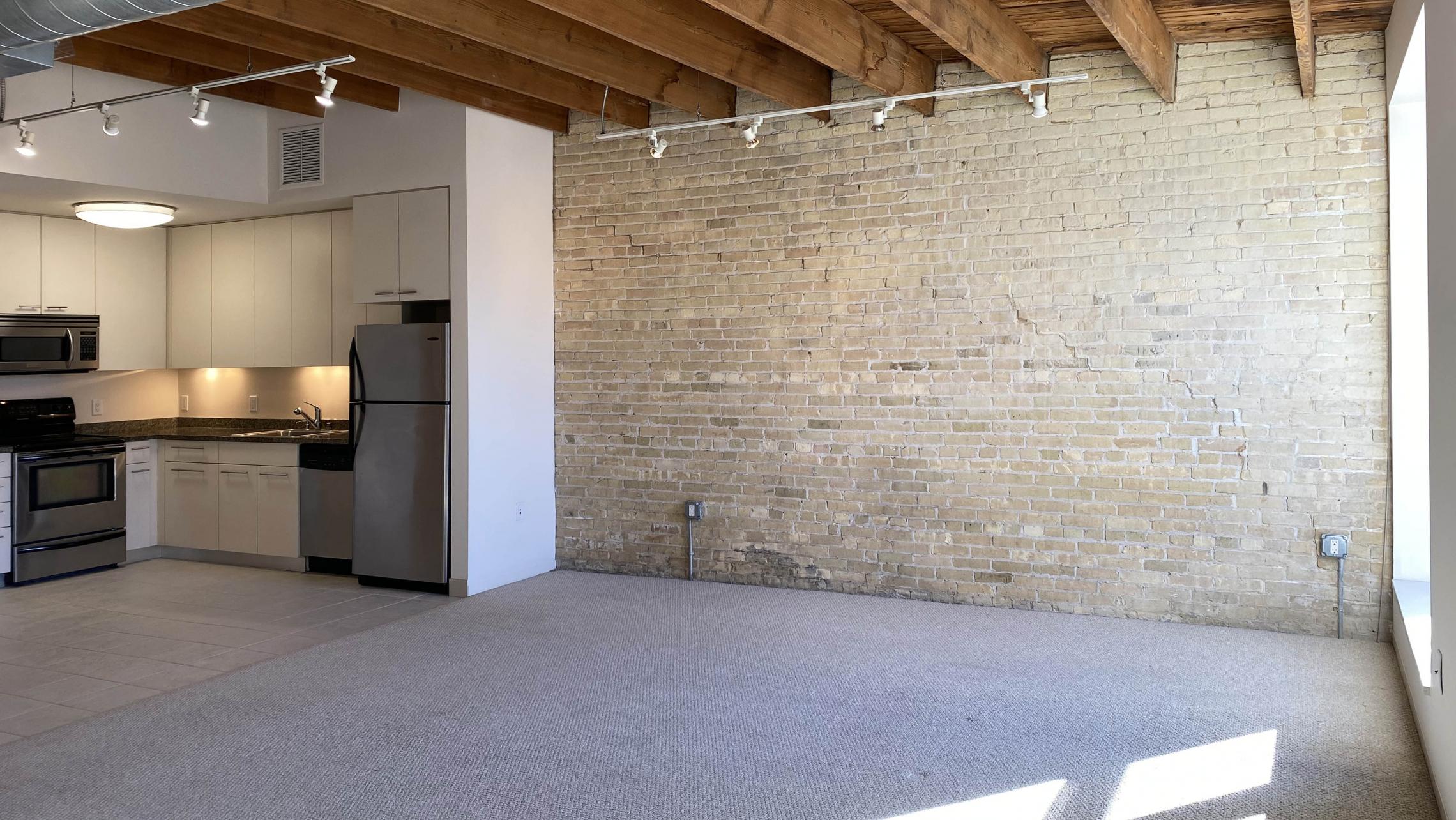 Tobacco-Lofts-at-The-Yards-Apartment-W206-Studio-Bathrom-Kitchen-Balcony-Historic-Exposed-Brick-Timber-Beams-Unique-Design-Cats-High-Ceiling-Balcony-Downtown-Madison-Fitness-Lounge-Courtyard-Top-Floor-Vaulted-Ceiling