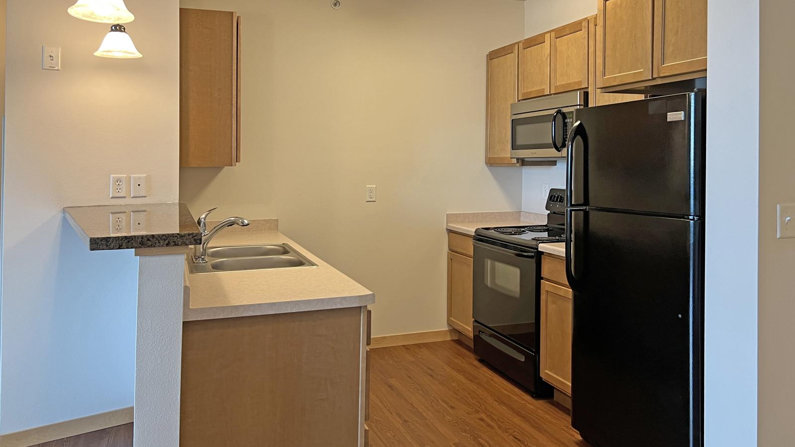 One bedroom apartment featuring a classic kitchen with ample counter space at The Depot in downtown Madison