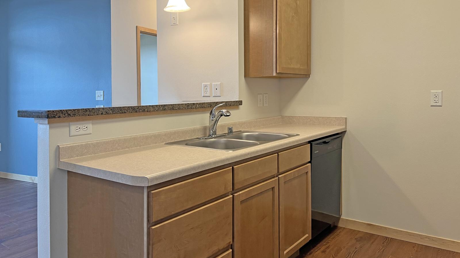 One bedroom apartment featuring a classic kitchen with ample counter space at The Depot in downtown Madison