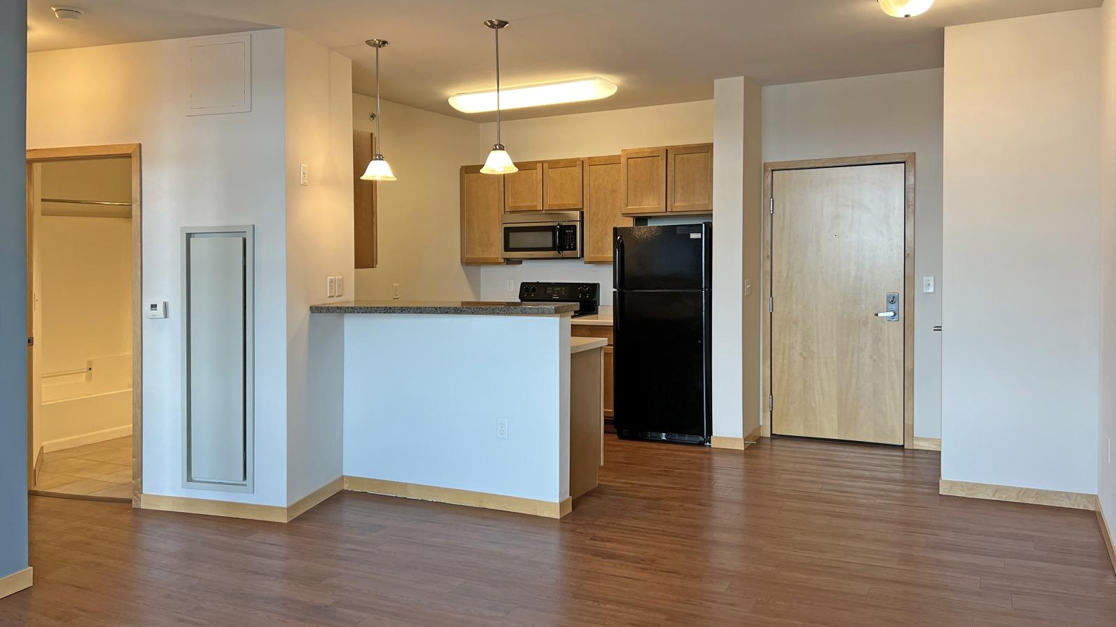 One bedroom apartment featuring a classic kitchen with ample counter space at The Depot in downtown Madison