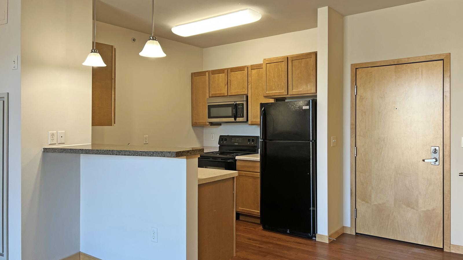 One bedroom apartment featuring a standard kitchen with ample counter space at The Depot in downtown Madison