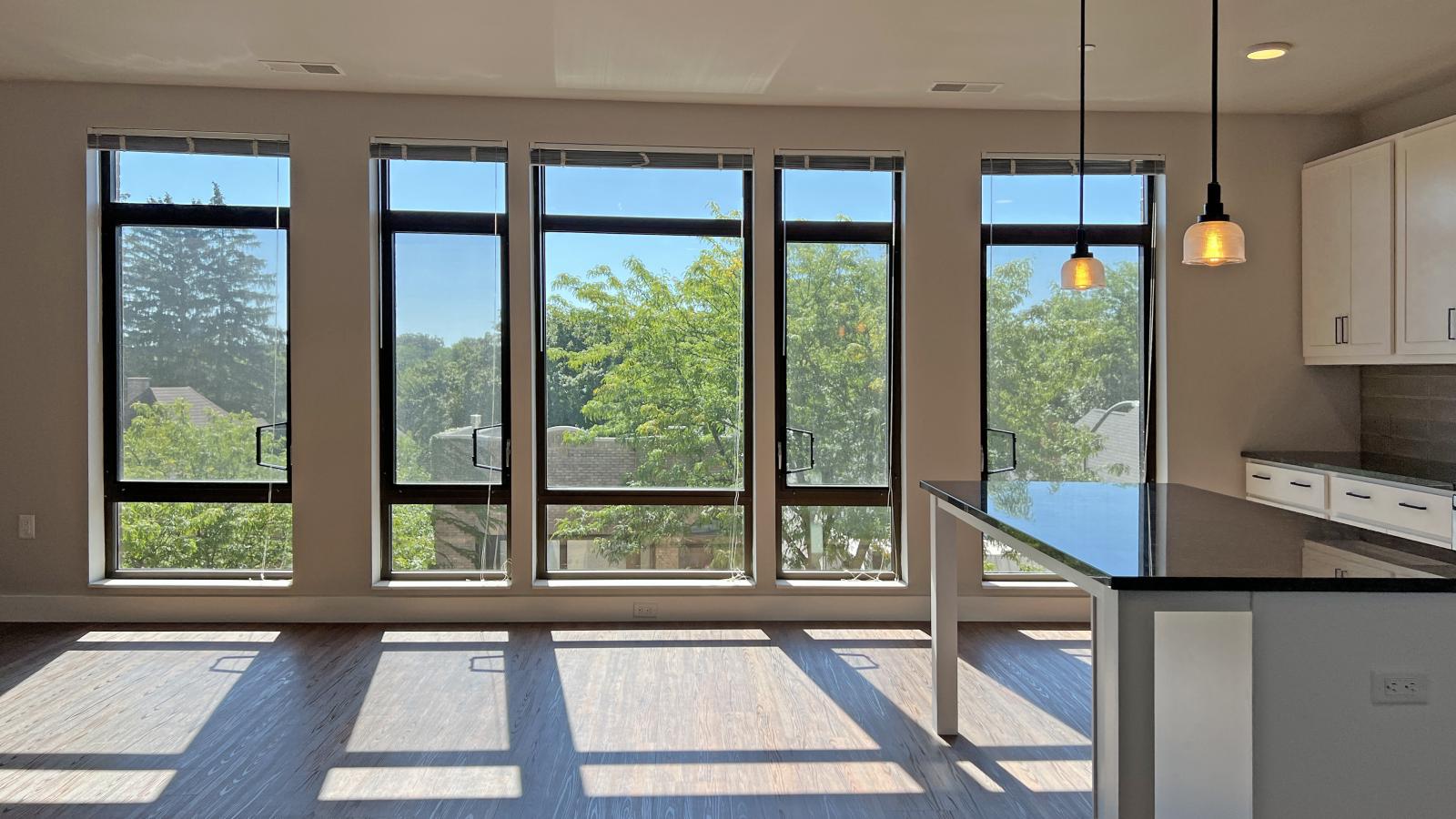 Bright living spcae in one bedroom apartments with wall of windows at 1722 Monroe in Madison