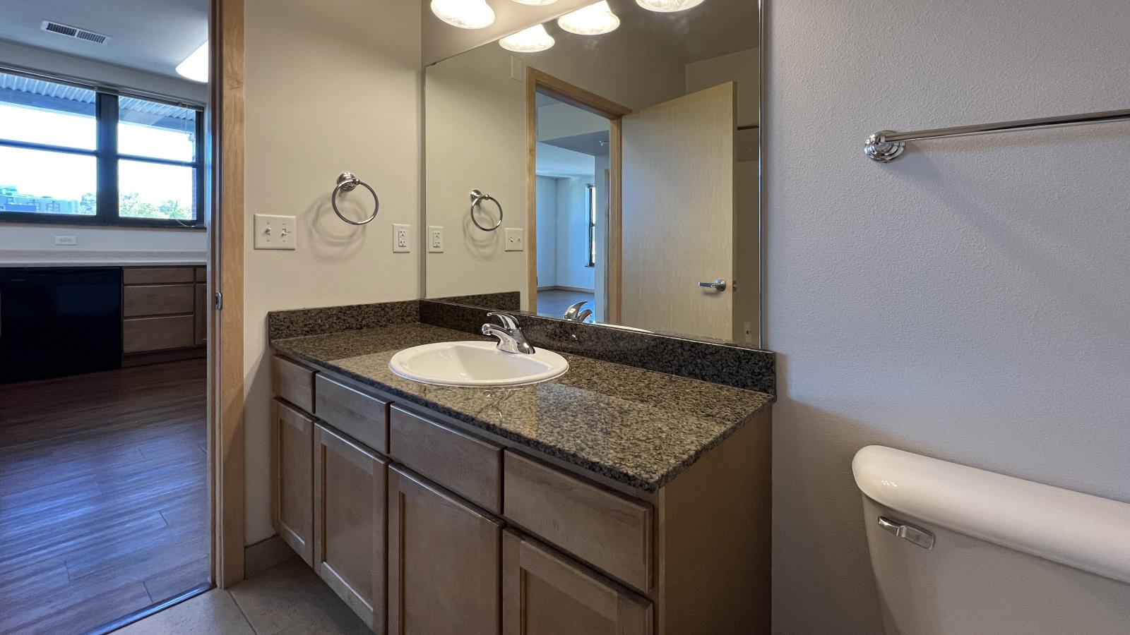 One bedroom apartment with granite bathroom counter at The Depot in downtown Madison