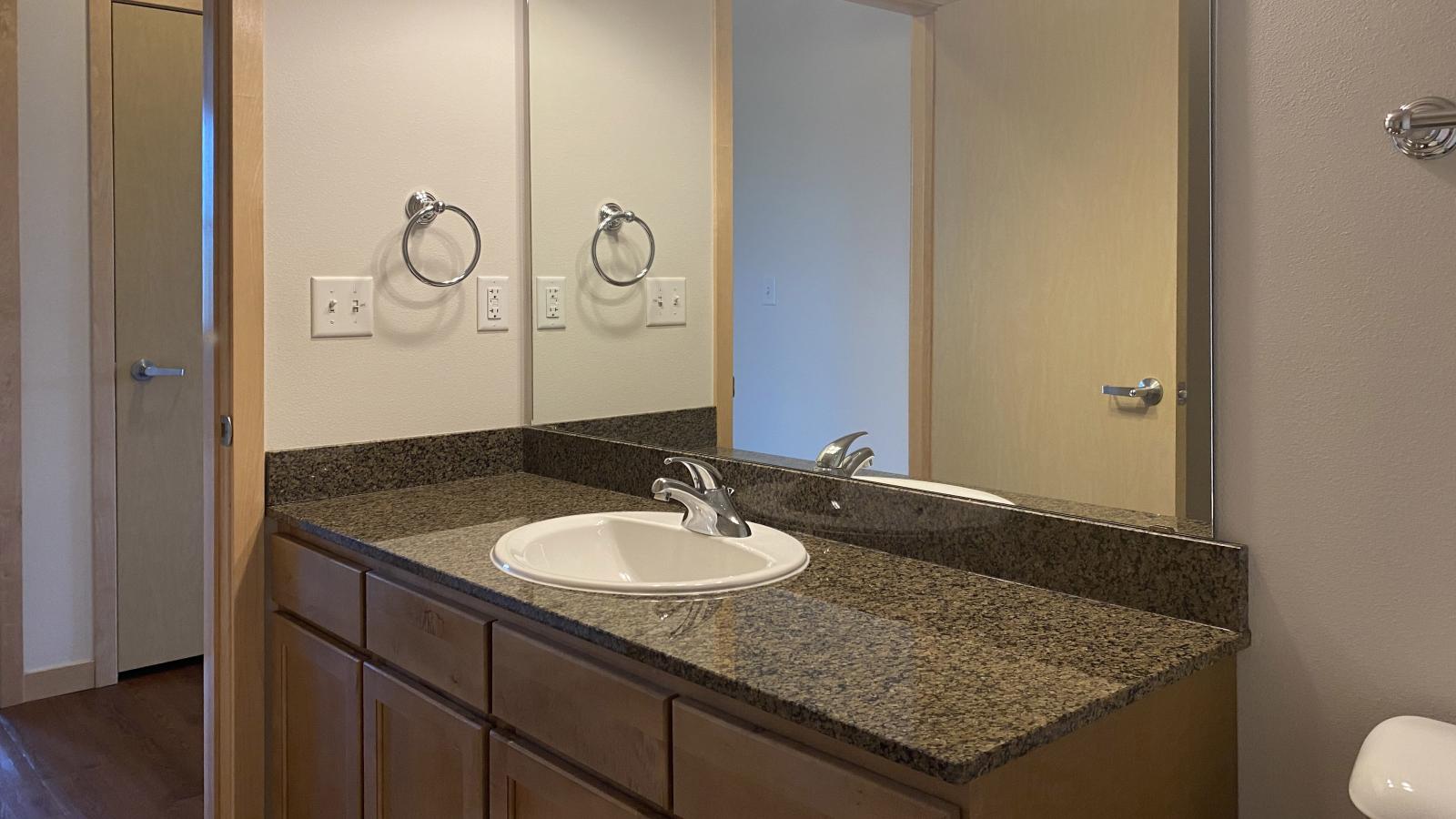 Two bedroom den apartment bathroom with granite countertop at The Depot in downtown Madison