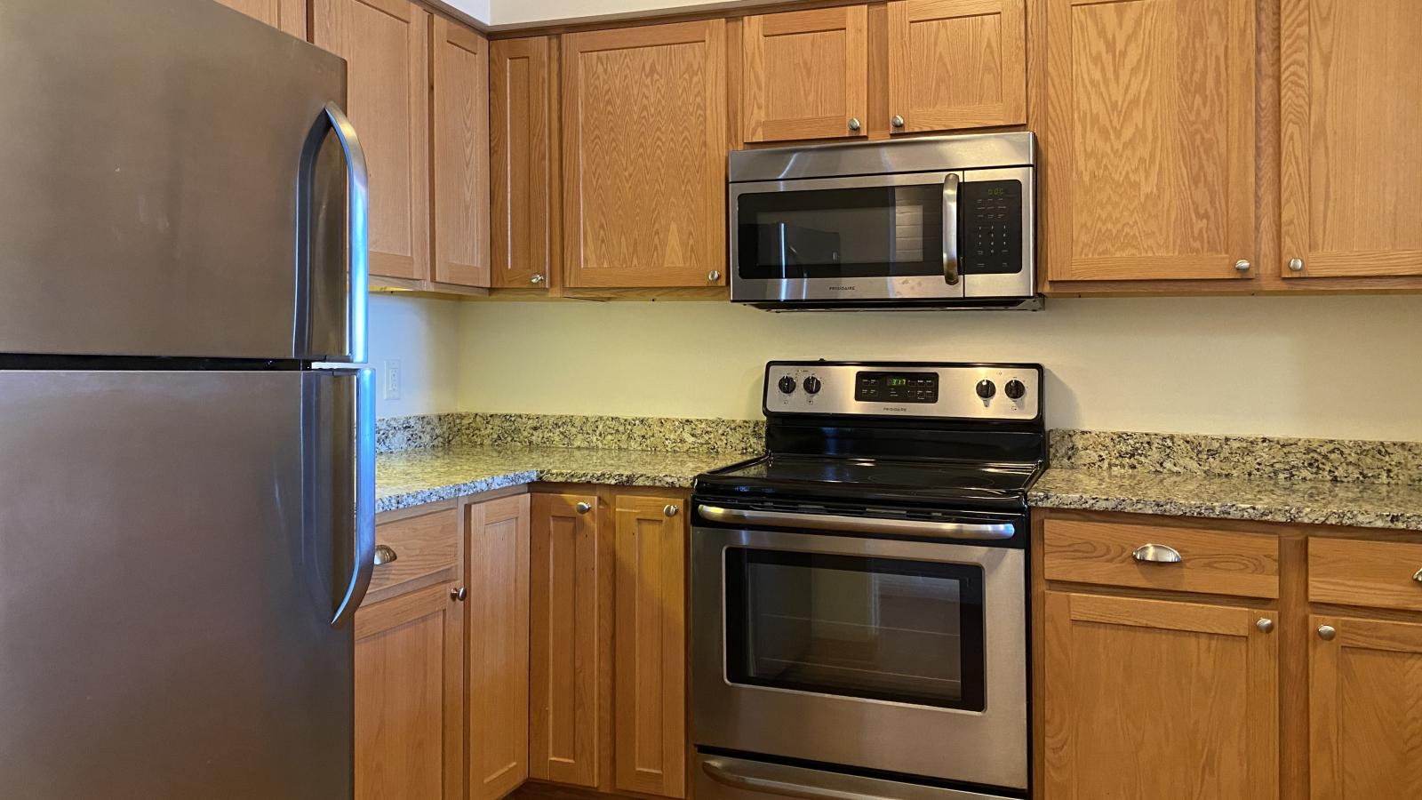 Kitchen with granite countertops, stainless steel appliances, and warm finishes at Lincoln School