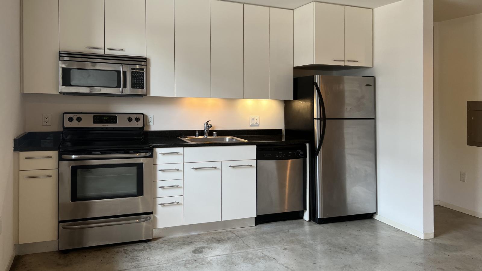 Studio apartment with an open-concept kitchen, modern appliances, and ample storage at Tobacco Lofts