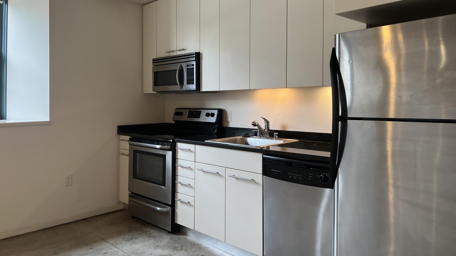 Studio apartment with an open-concept kitchen, modern appliances, and ample storage at Tobacco Lofts