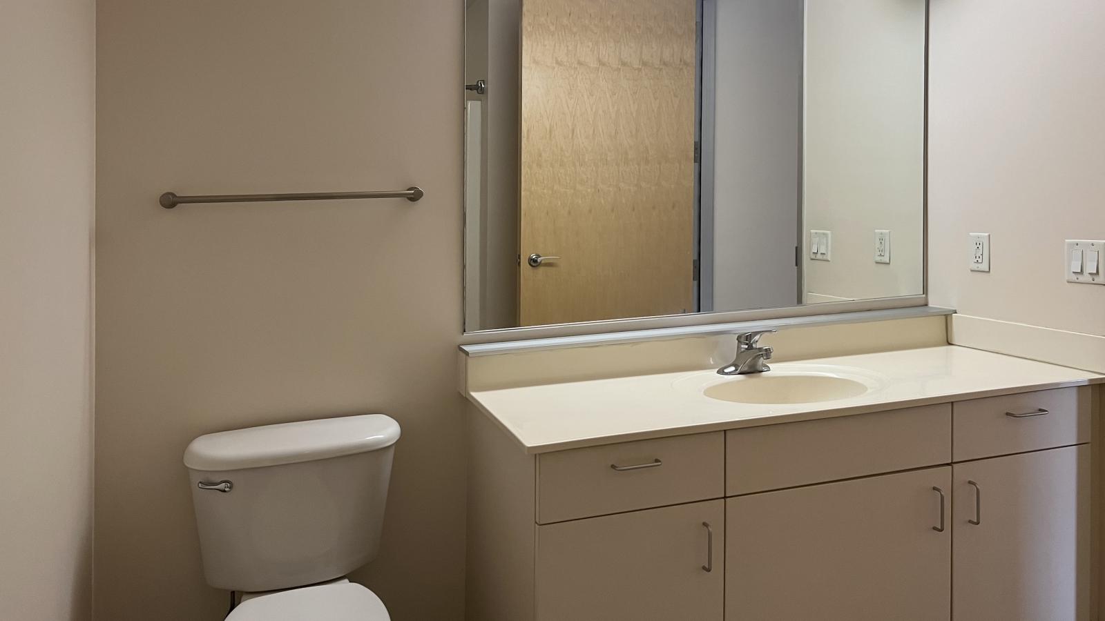 Industrial-inspired studio featuring a sleek bathroom with modern fixtures and ample storage at Tobacco Lofts