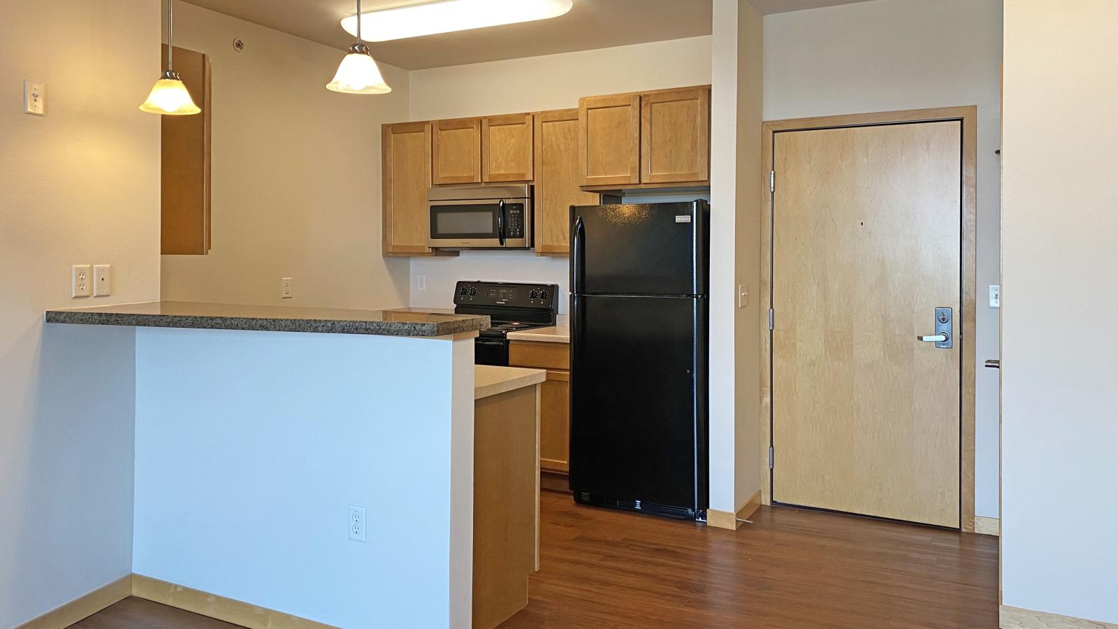 One bedroom apartment featuring a classic kitchen with ample counter space at The Depot in downtown Madison