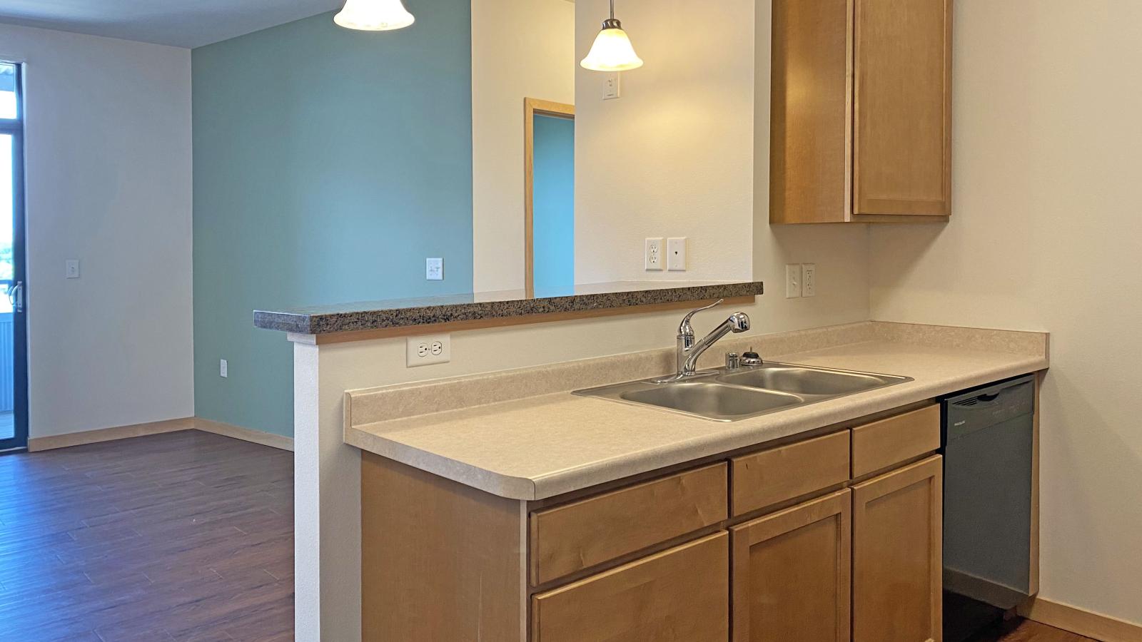 One bedroom apartment featuring a classic kitchen with ample counter space at The Depot in downtown Madison