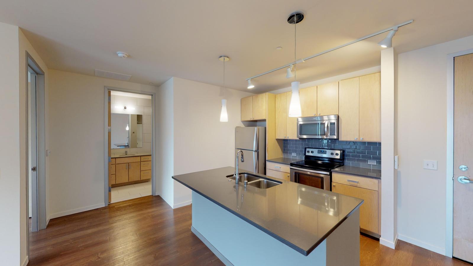 Kitchen with quartz countertops and stainless steel appliances in a one bedroom at Nine Line