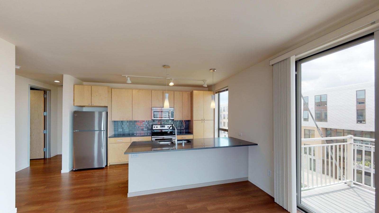 Two bedroom apartment featuring a luxury kitchen with quartz countertops and stainless steel appliances at Nine Line