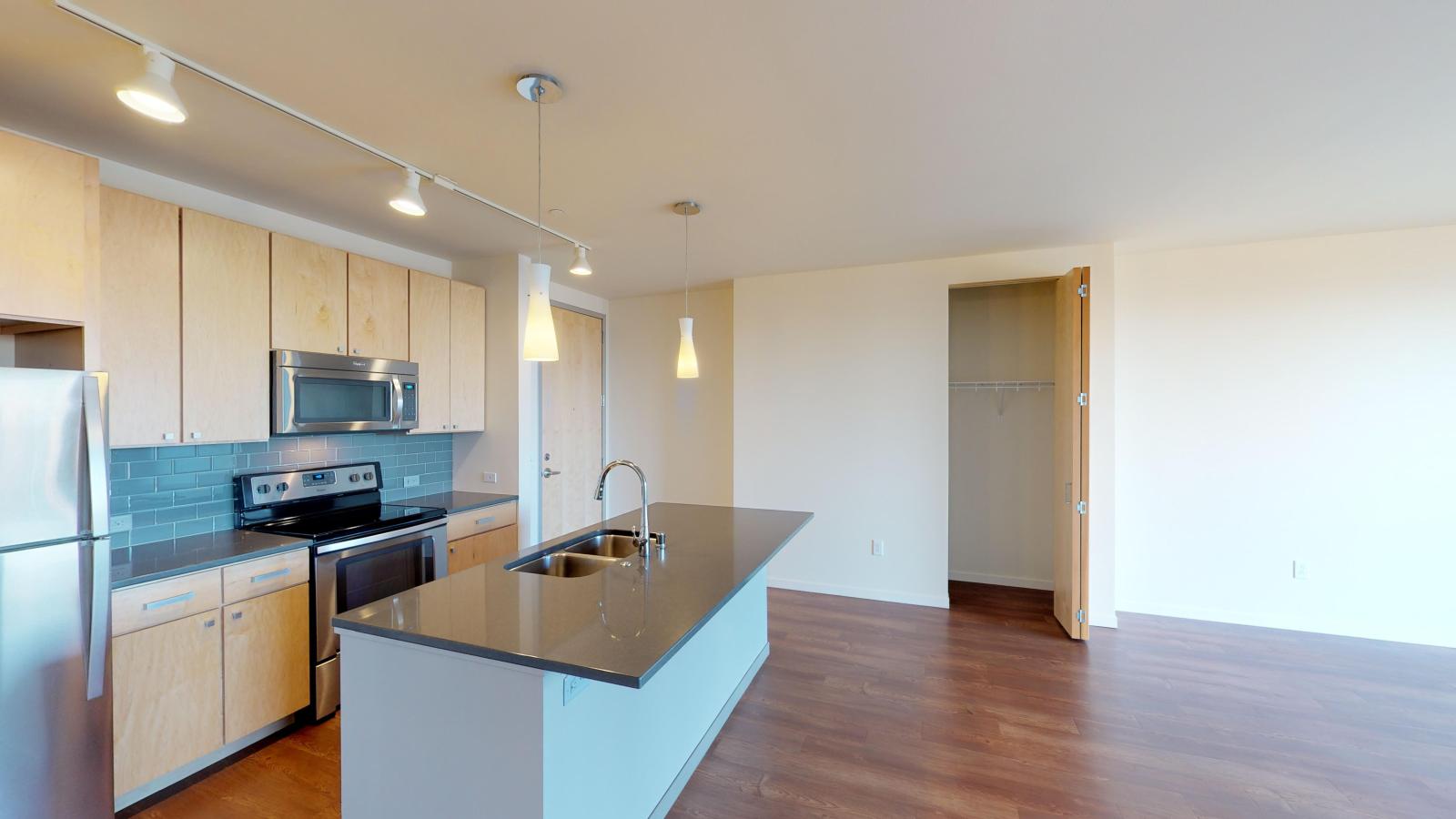Kitchen with quartz countertops and stainless steel appliances in a one bedroom at Nine Line