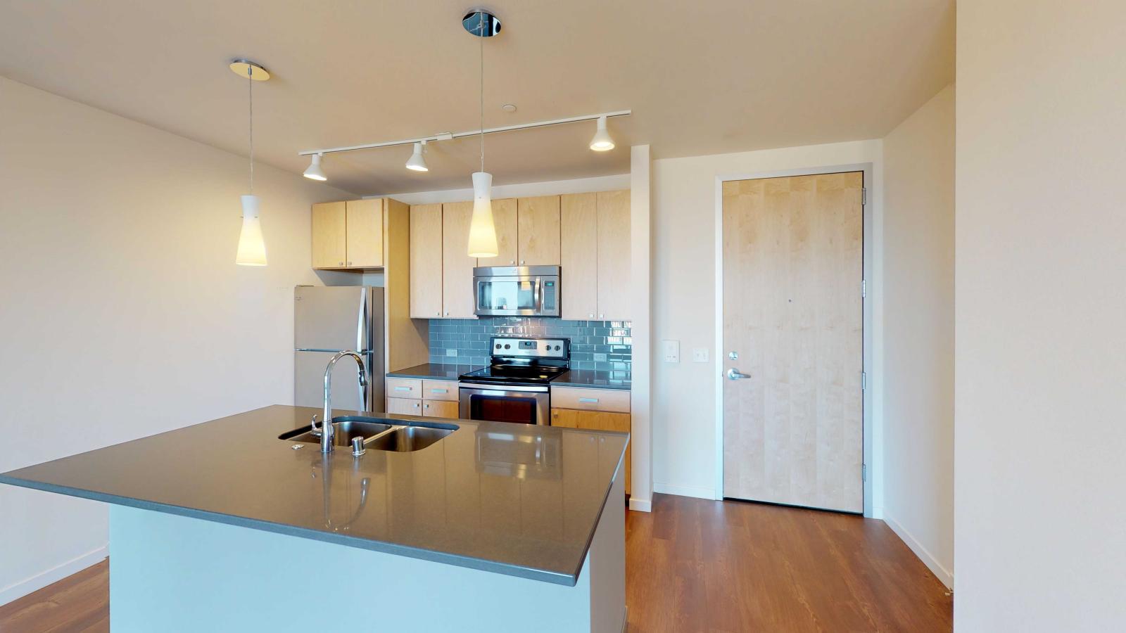 Kitchen with quartz countertops and stainless steel appliances in a one bedroom at Nine Line