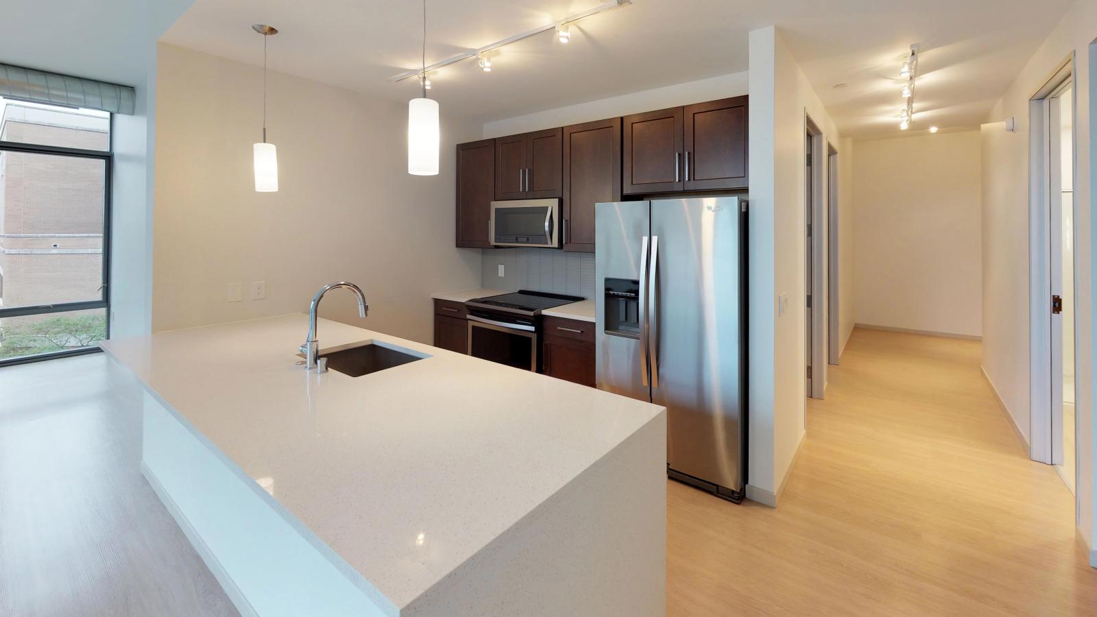 The Pressman two-bedroom apartment in downtown Madison with a sleek kitchen, quartz countertops, and high-end finishes.