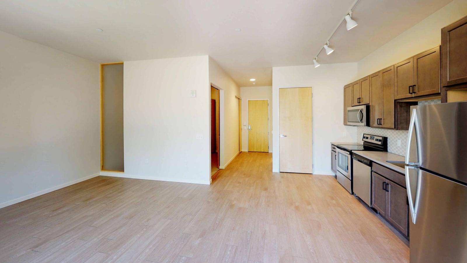 Open floor plan one bedroom apartment at Quarter Row